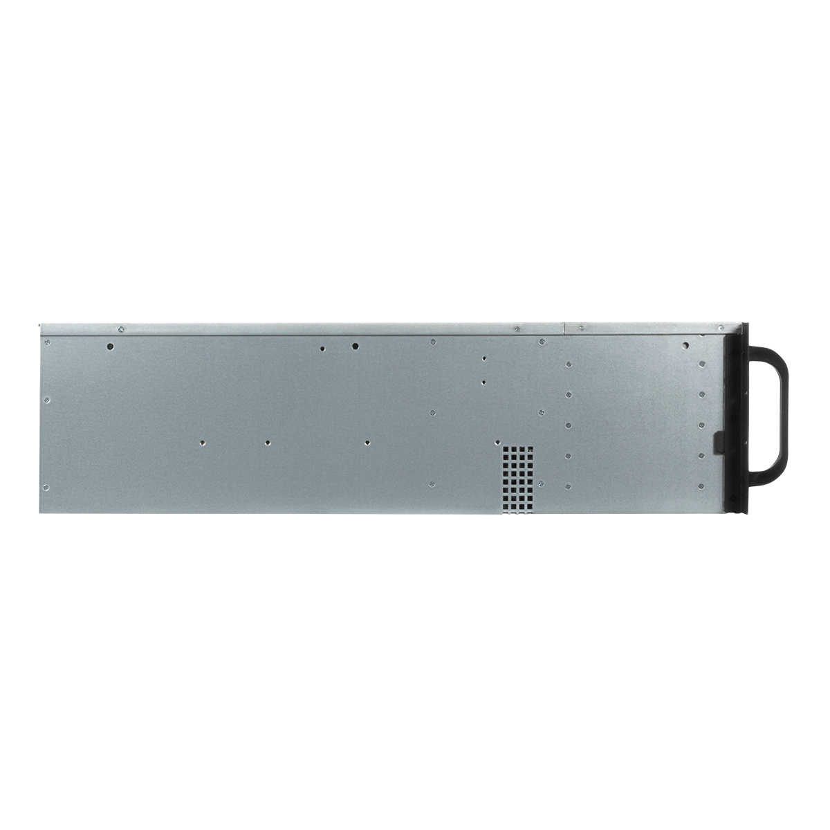 Silbernes Rackmount-Gehäuse mit schwarzem Griff an der rechten Seite und Lüftungsgitter.