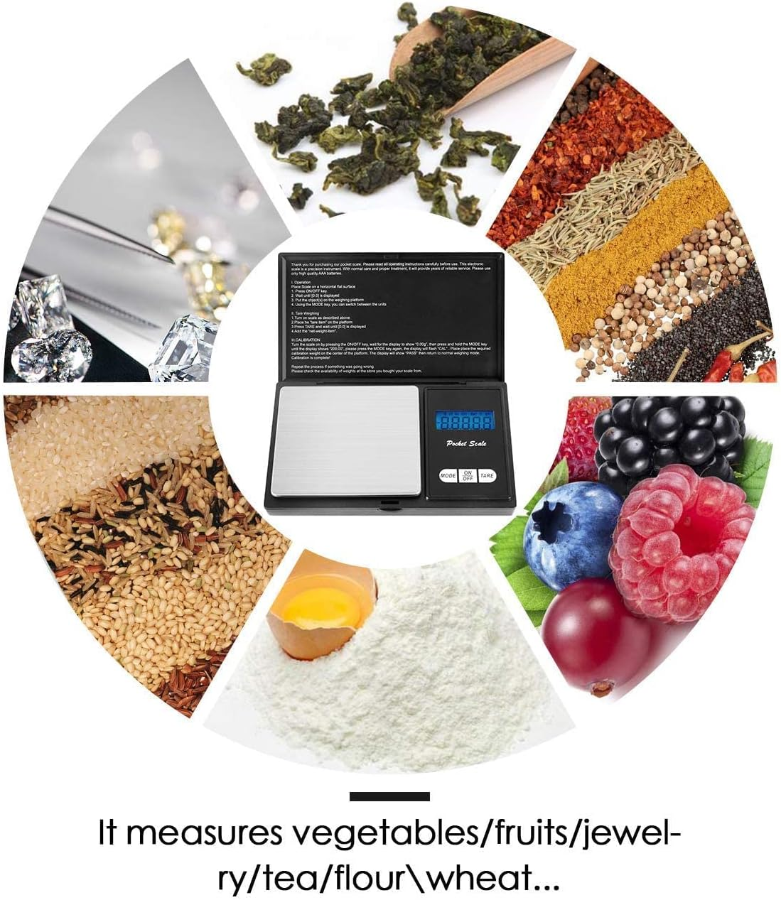 Taschenwaage mit Tee, Gewürzen, Beeren, Reissorten, Mehl und Diamanten.