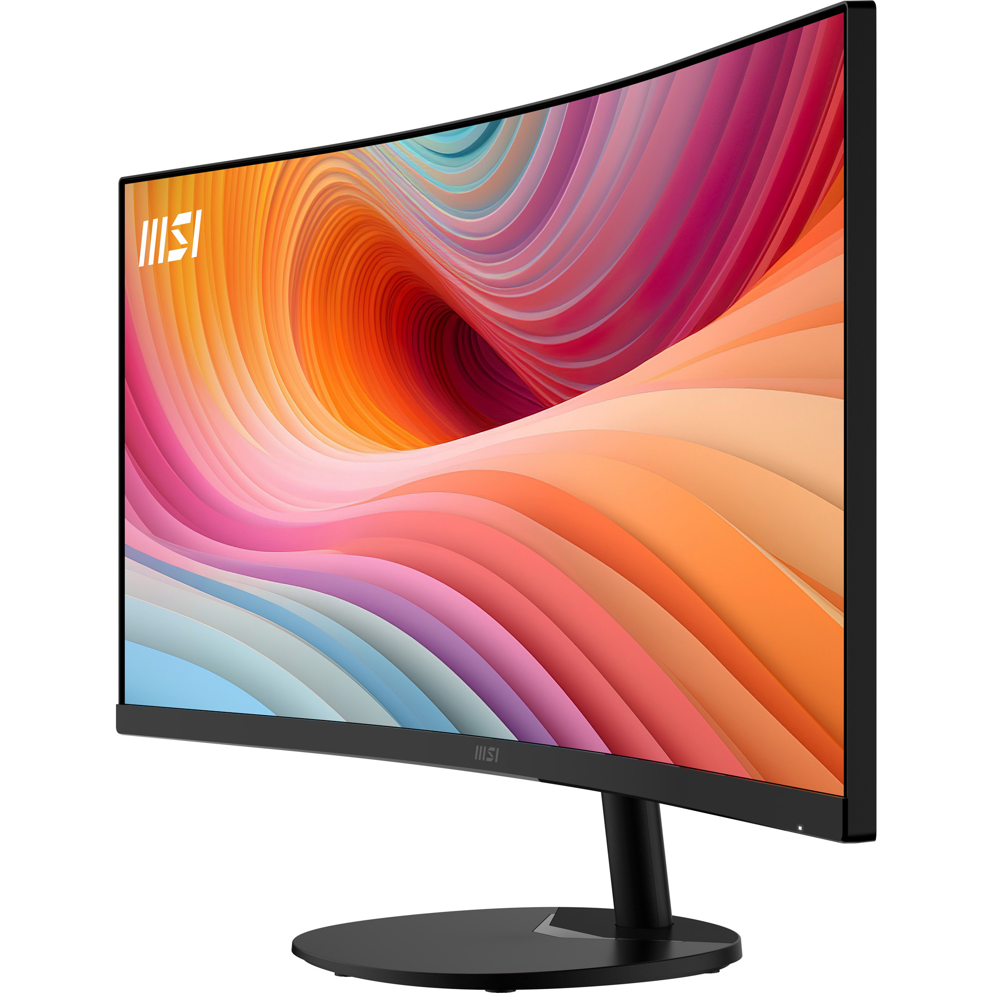 Kavisli bir MSI monitörü renkli, dalgalı bir arka plan deseni sergiliyor.