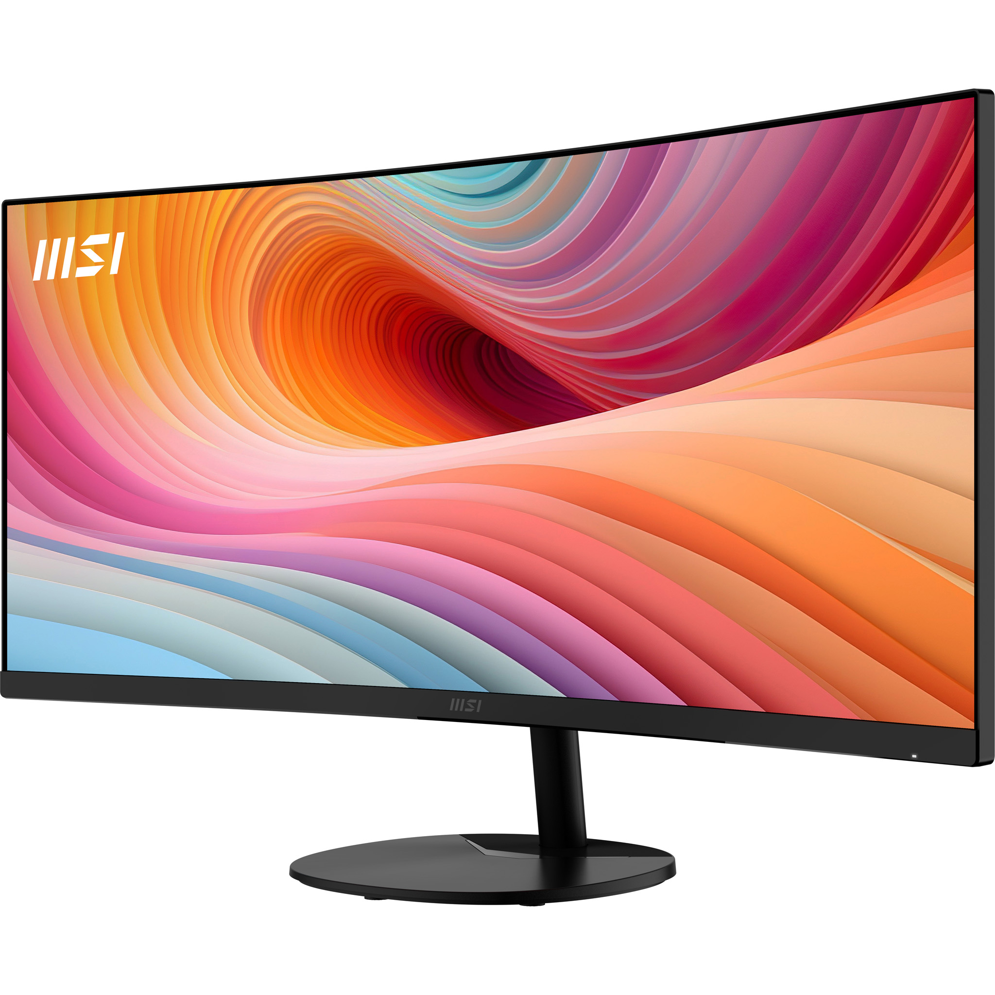 Renkli, girdaplı bir arka planı gösteren kavisli MSI monitör.