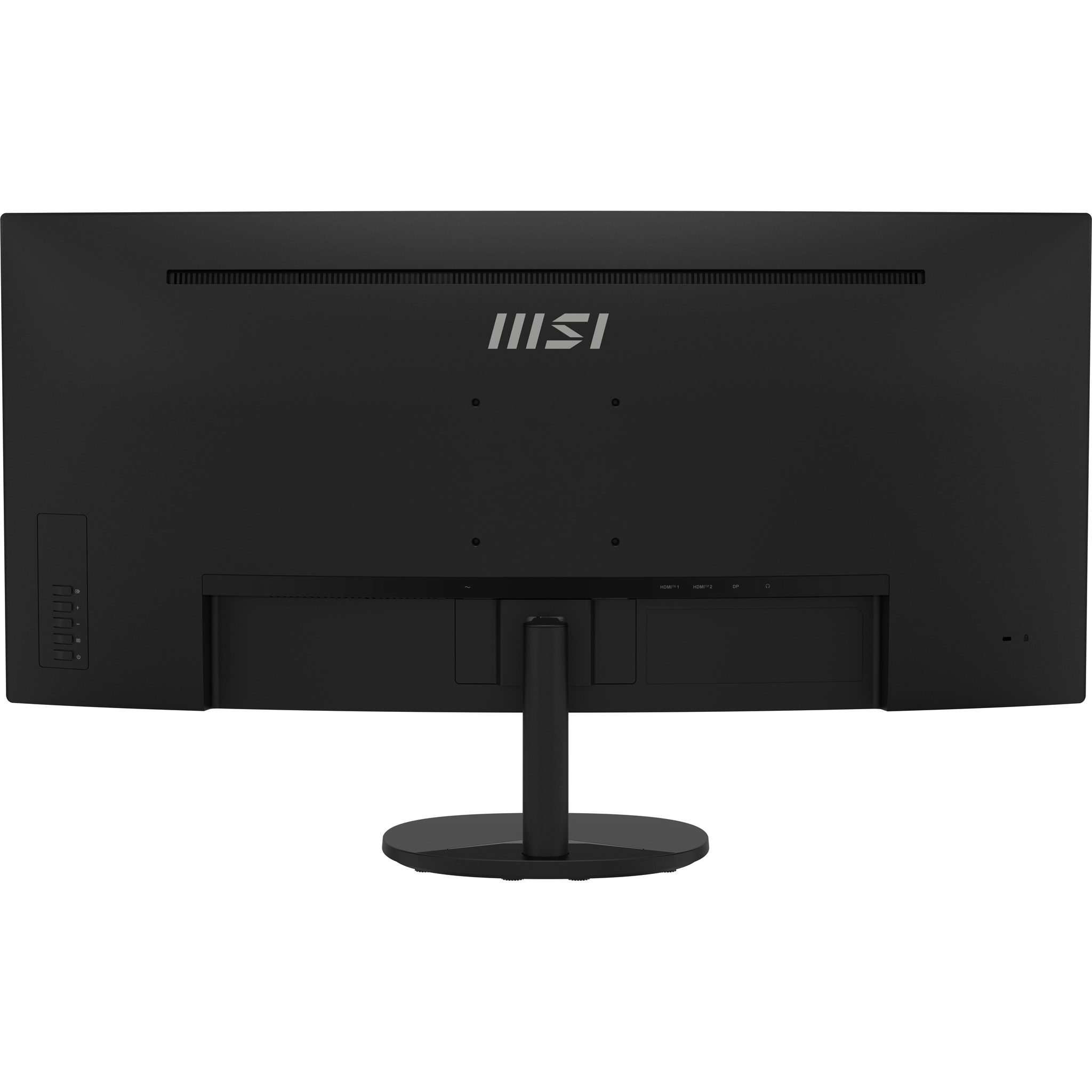 Portlar ve stant gösterilen siyah MSI monitörün arkası.
