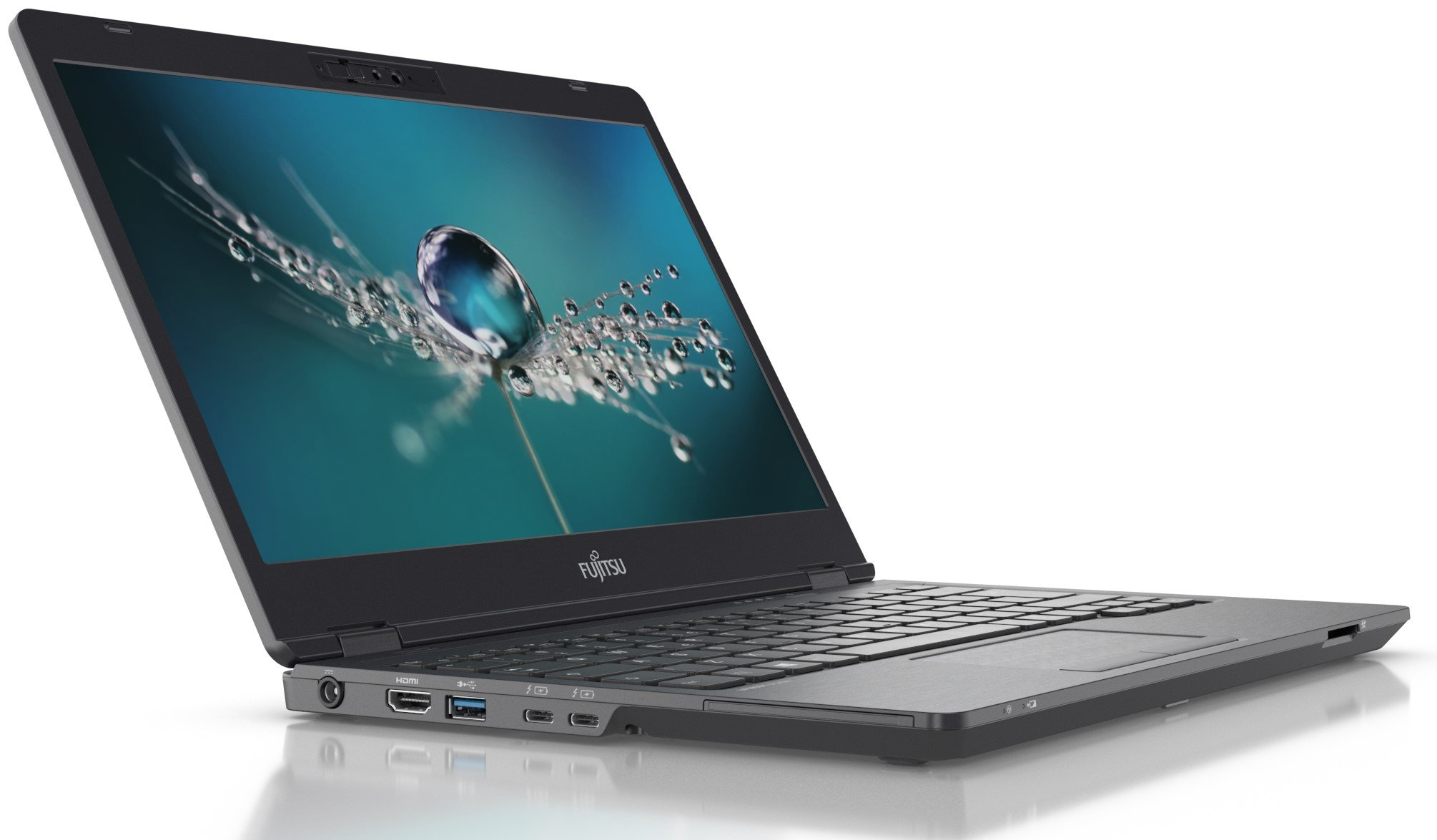 Ein geöffneter Fujitsu Laptop mit einem Bildschirmhintergrund von Wassertropfen auf einer Distel.