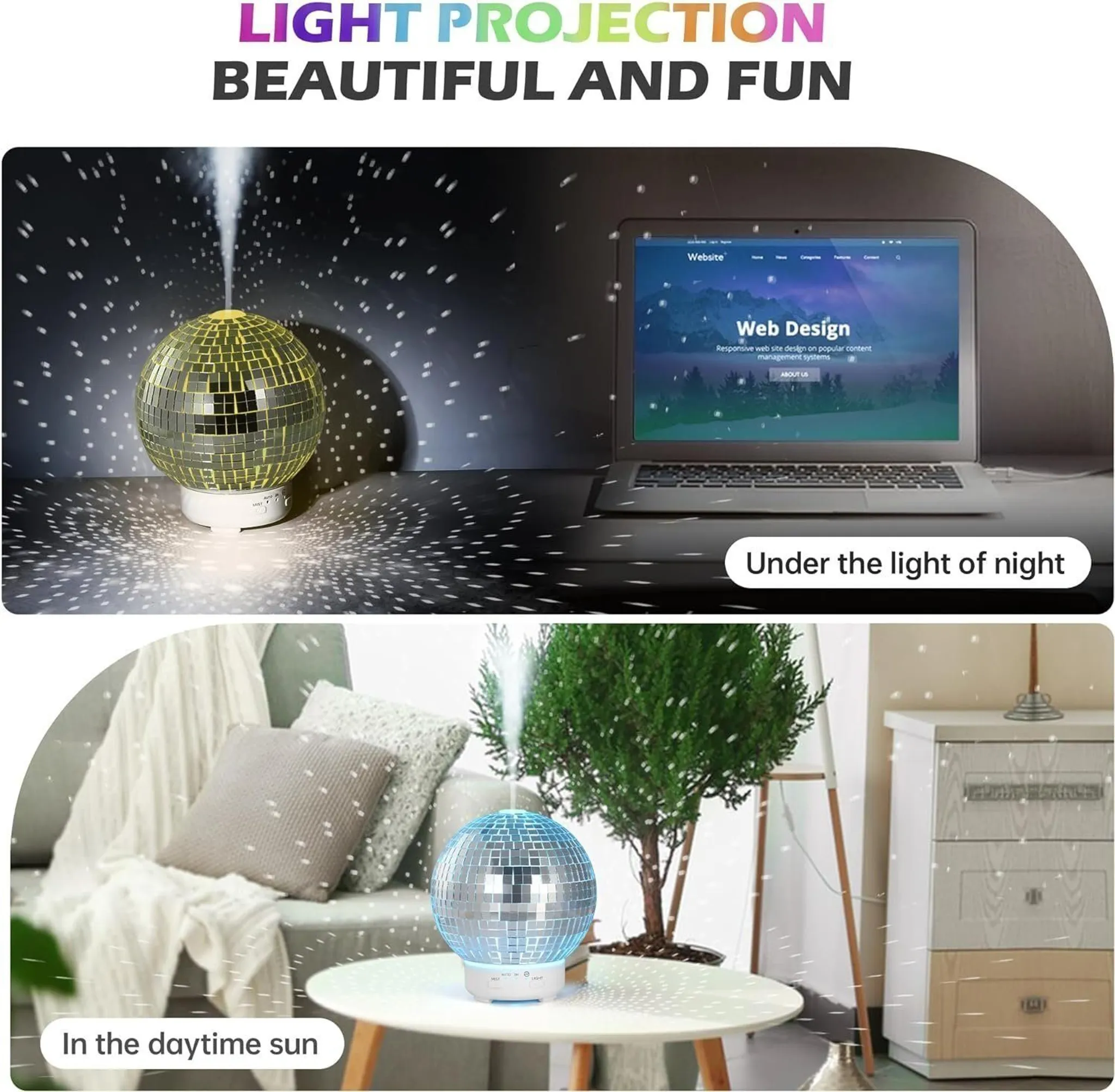 Eine Discokugel mit Lichtprojektionen auf einem Tisch neben einem Laptop und im Wohnzimmer.
