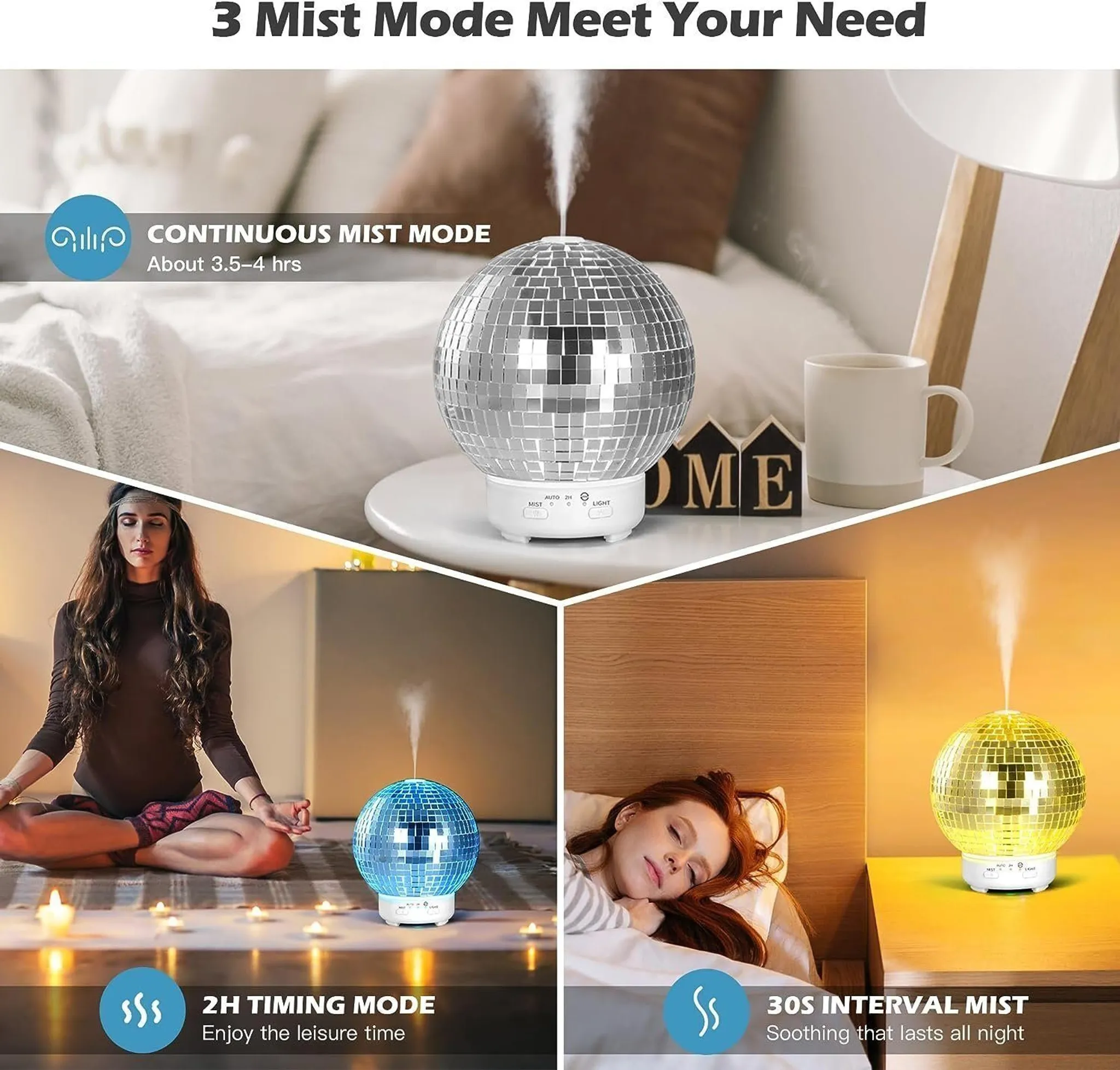 Ein Disco-Kugel-Diffusor mit Nebel wird in verschiedenen Szenarien gezeigt.