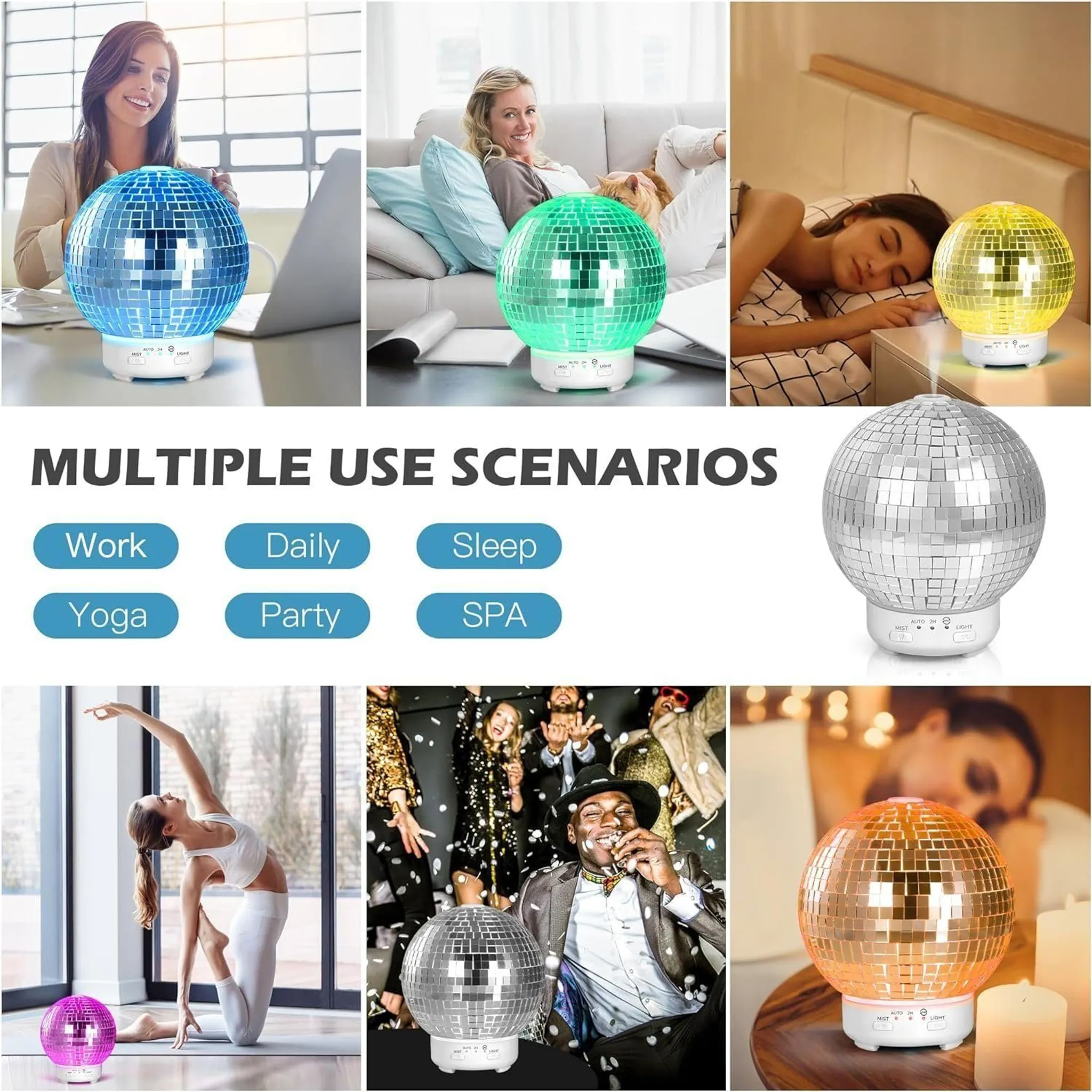 Bilder zeigen eine Discokugel-Lampe in verschiedenen Szenarien: Arbeit, Alltag, Schlaf, Yoga, Party, Spa.