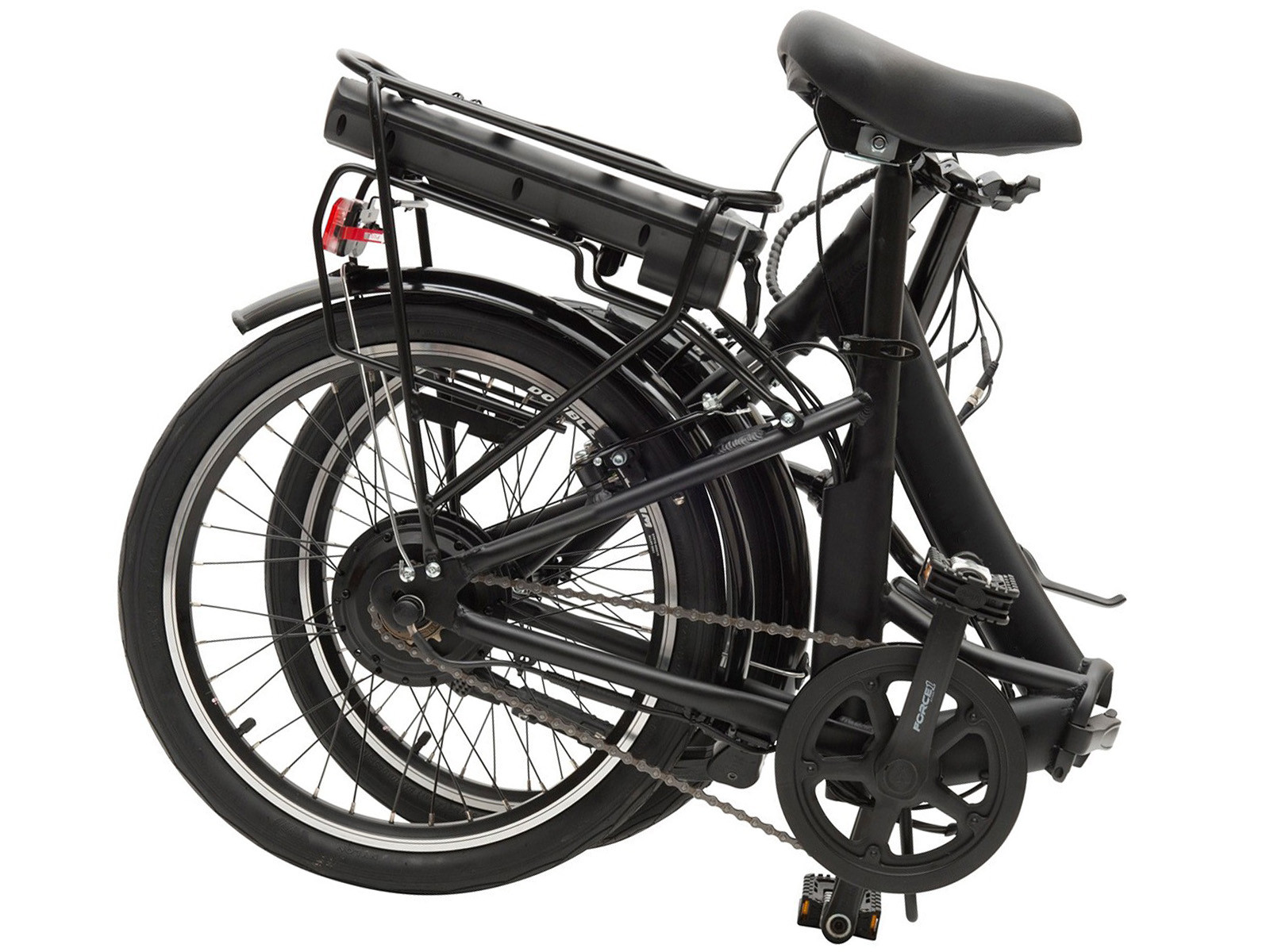 Ein schwarzes, zusammengeklapptes Elektrofahrrad mit Gepäckträger und Akku.