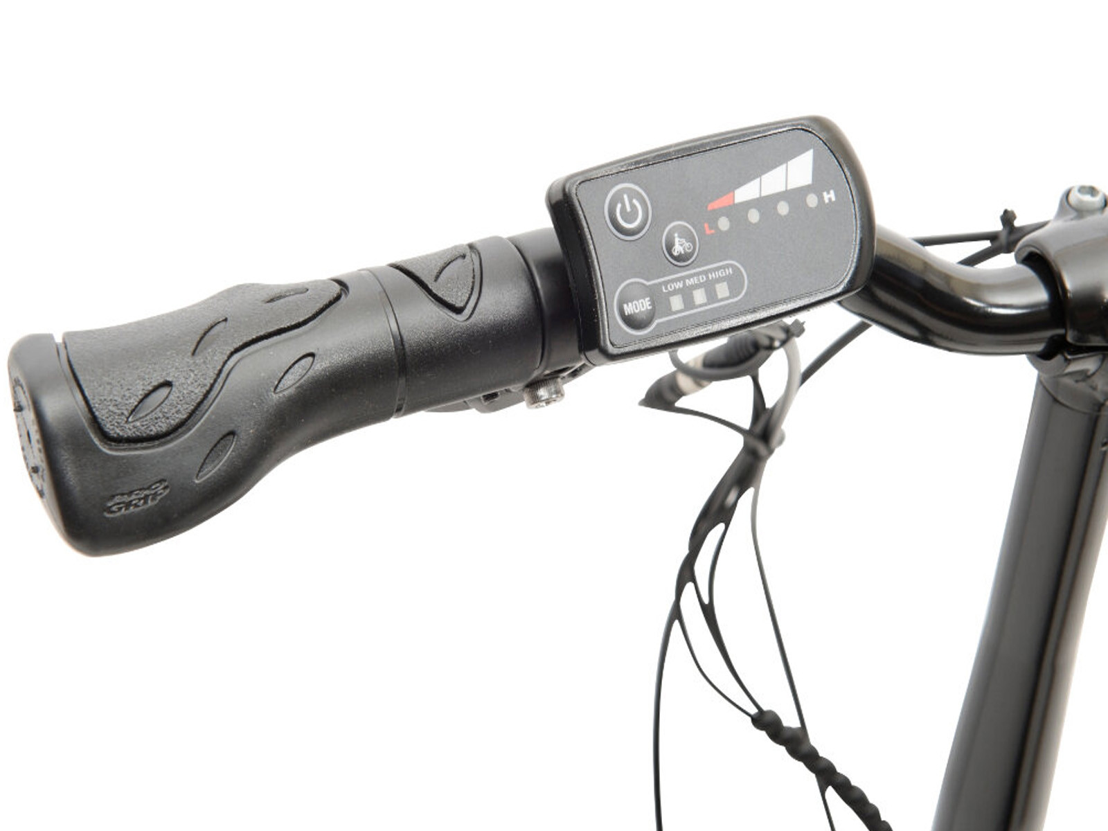 Nahaufnahme eines Fahrradlenkers mit Display, Griff und Kabeln.