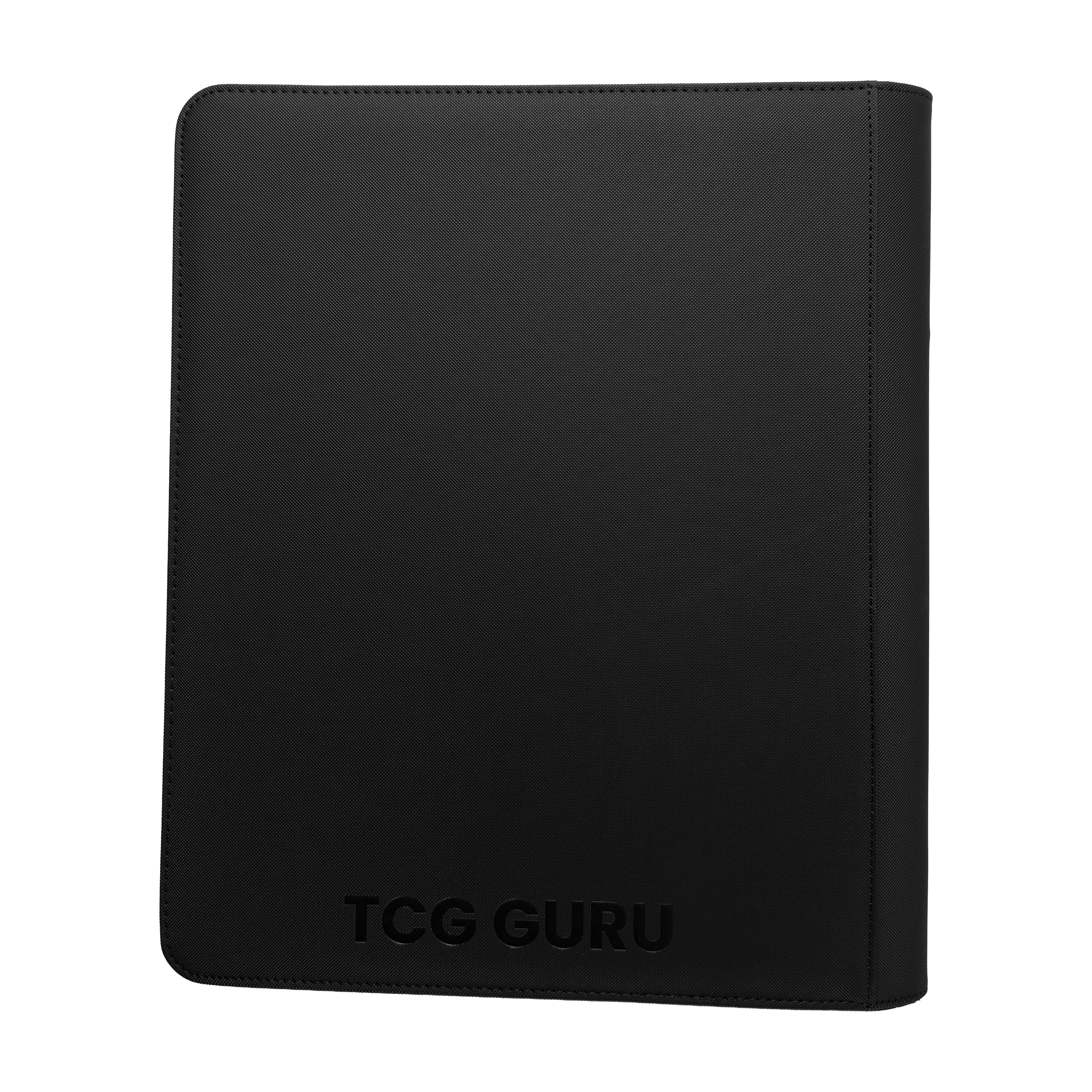 Schwarzer Sammelkartenordner mit geprägtem Logo 'TCG GURU'.