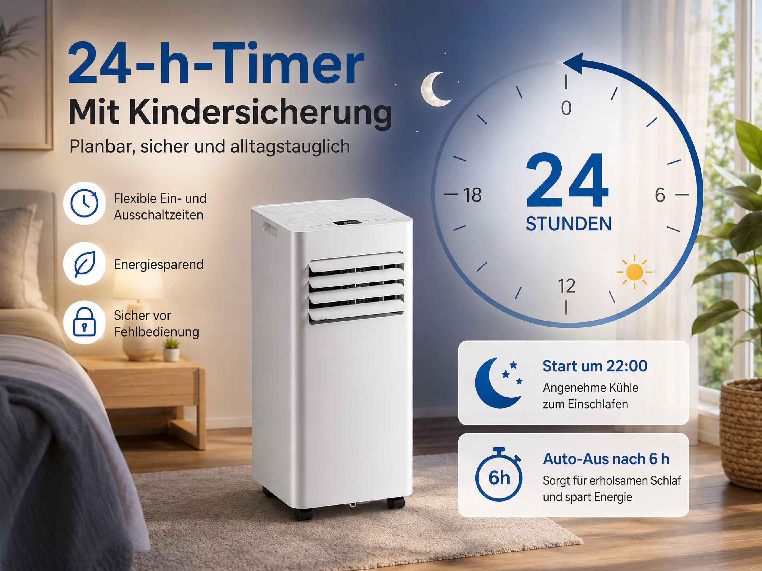 Weißer mobiler Klimaanlage mit 24-Stunden-Timer und Kindersicherung.