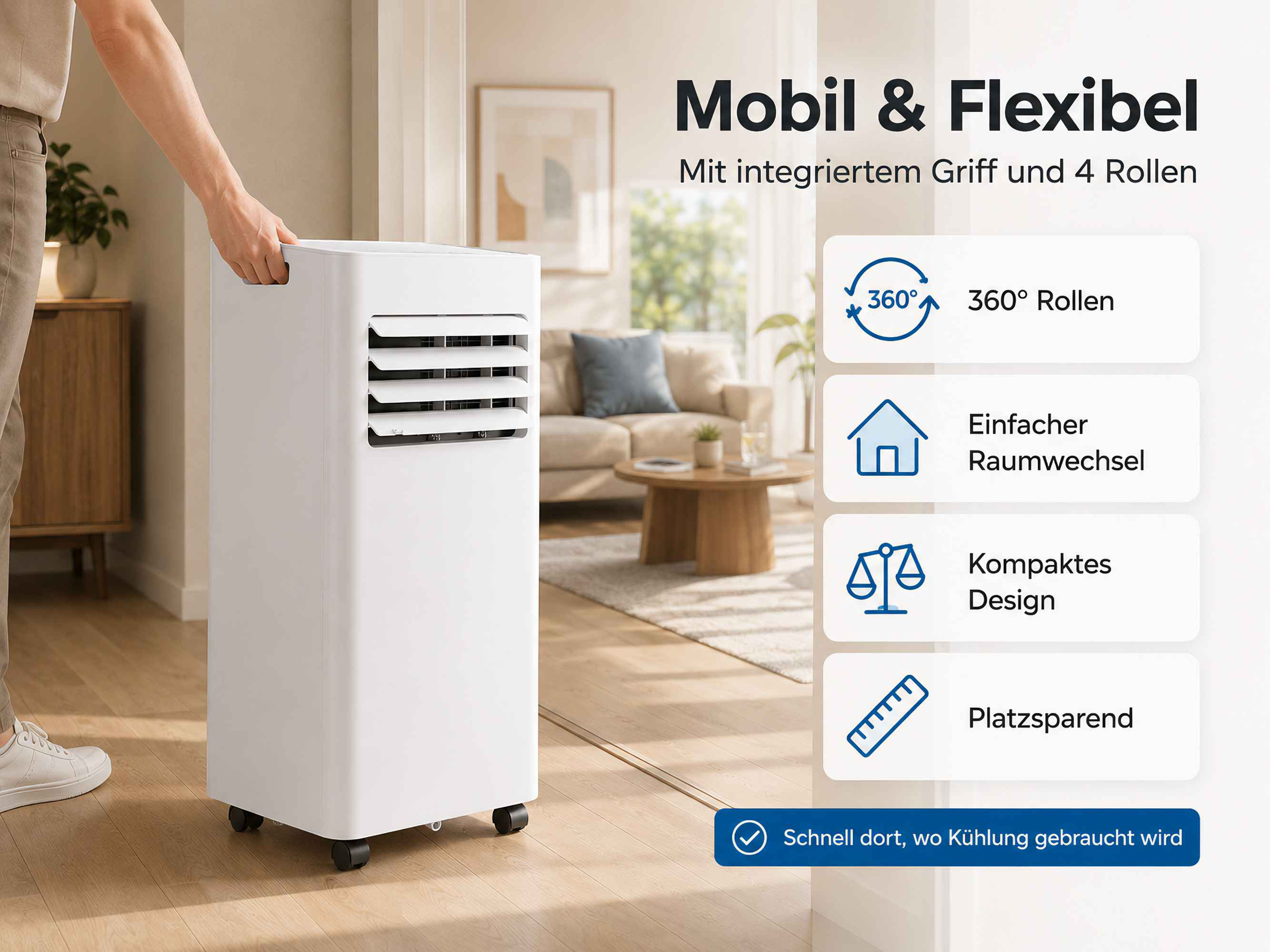 Ein weißer mobiler Klimaanlage mit Griff und Rollen steht in einem Wohnzimmer.