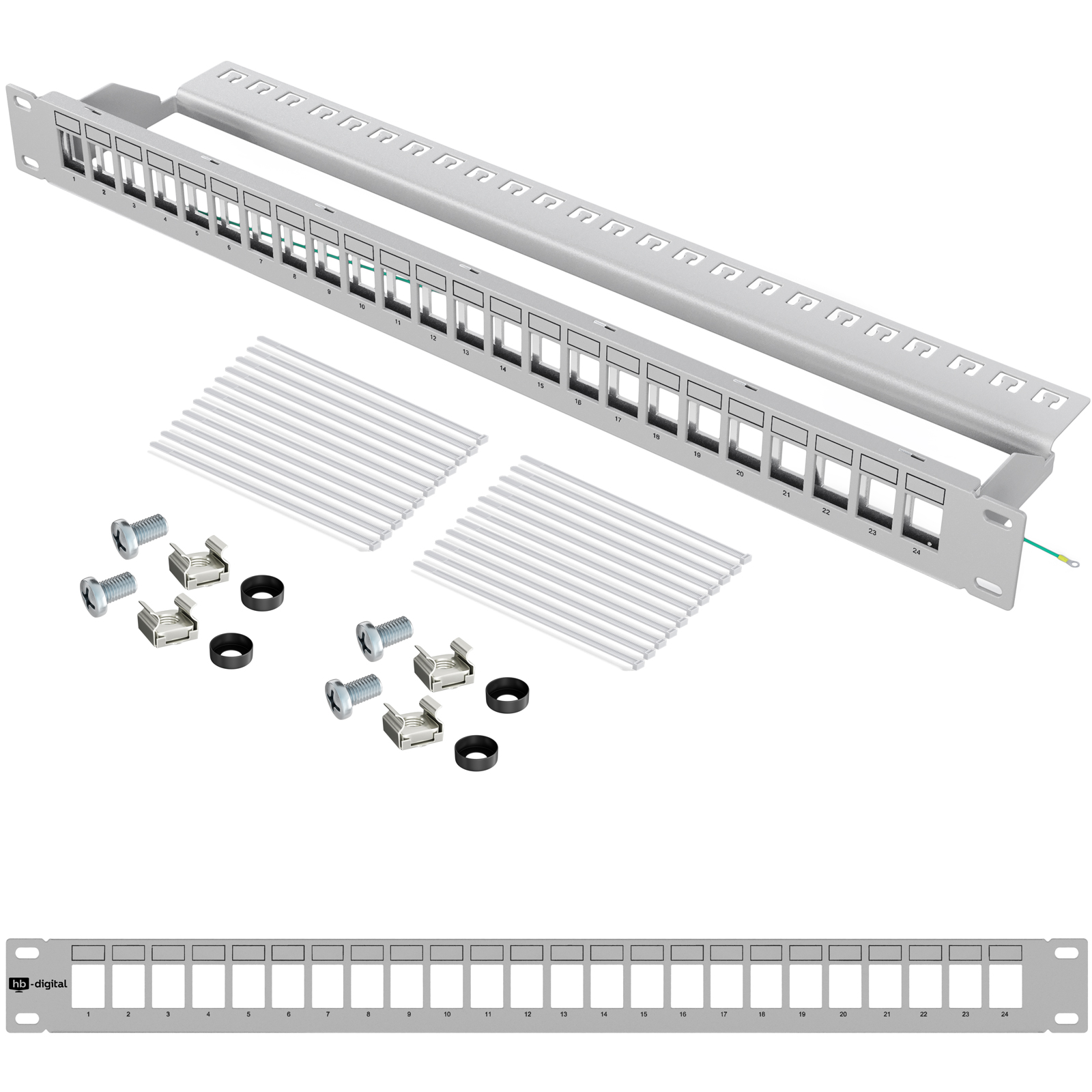 Ein 24-Port-Patchpanel mit Zubehör wie Schrauben und Kabelbindern.
