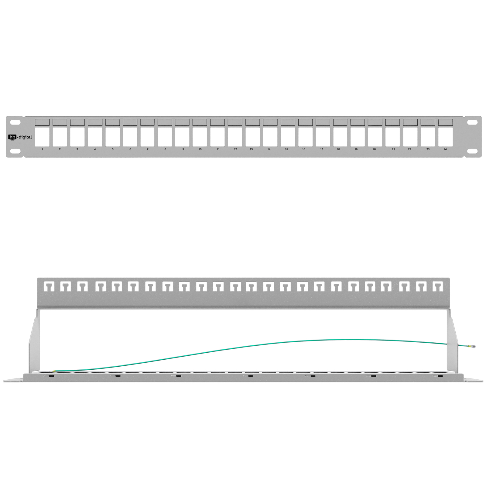 Ein silbernes 24-Port-Patchpanel mit Nummerierung und einem einzelnen grünen Kabel.