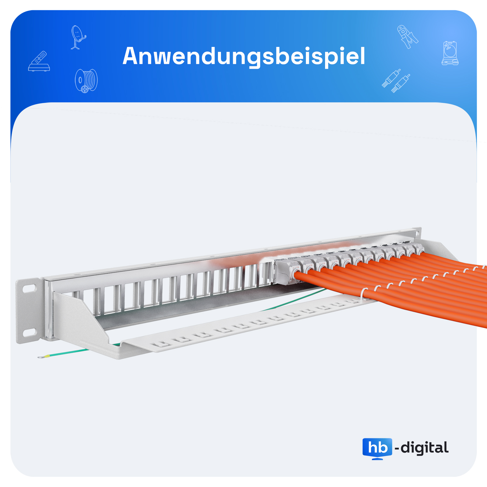 Netzwerk-Patchpanel mit orangefarbenen Kabeln, die durch eine Schnalle geführt werden.