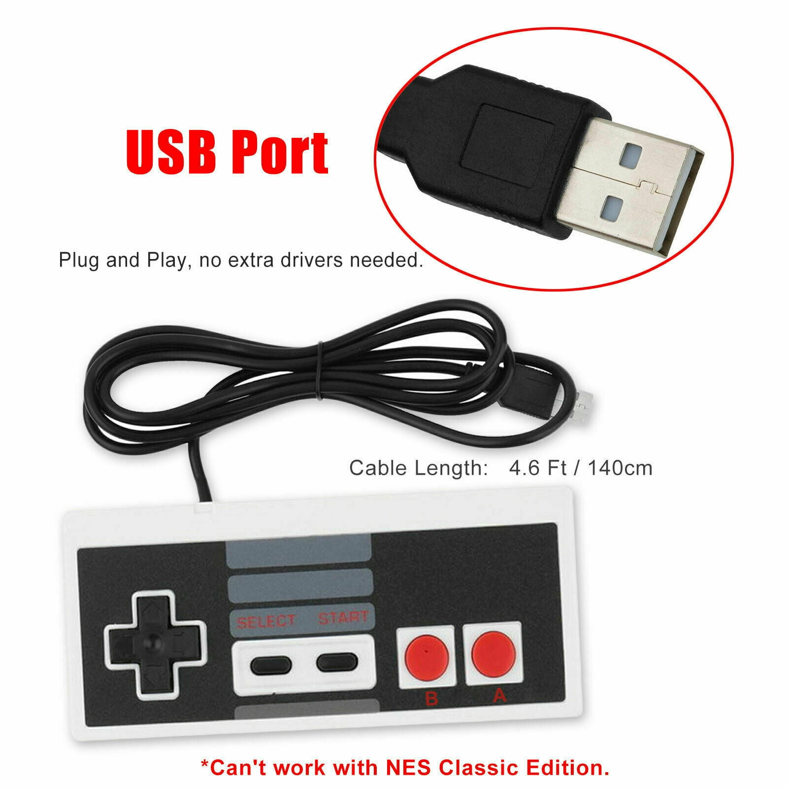 Ein schwarzes USB-Kabel und ein Controller im Retro-Stil mit roten Tasten.