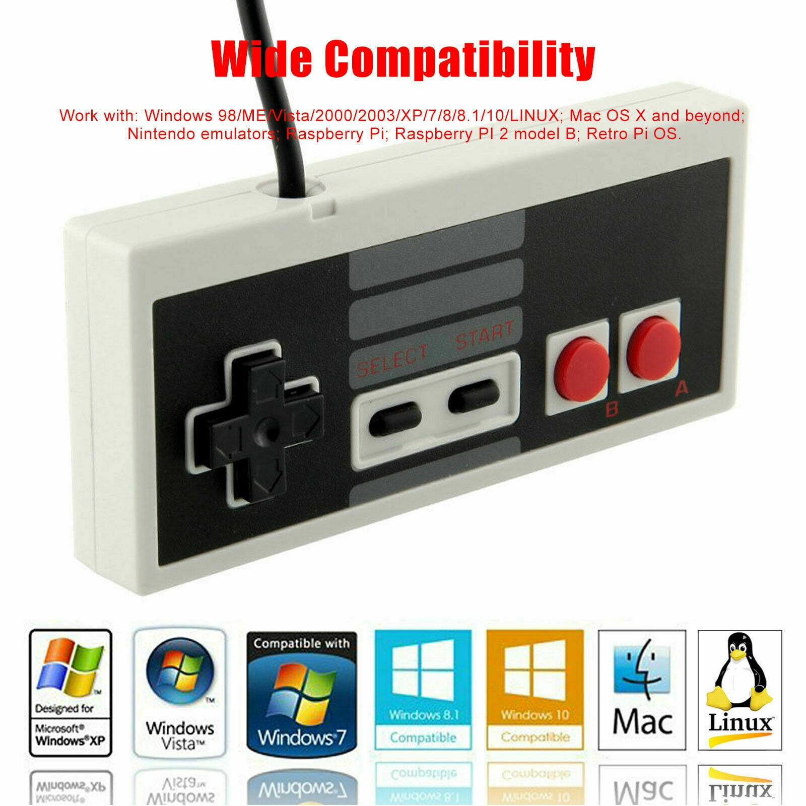 Ein NES-Controller mit D-Pad, Select/Start-Tasten und roten A/B-Knöpfen.
