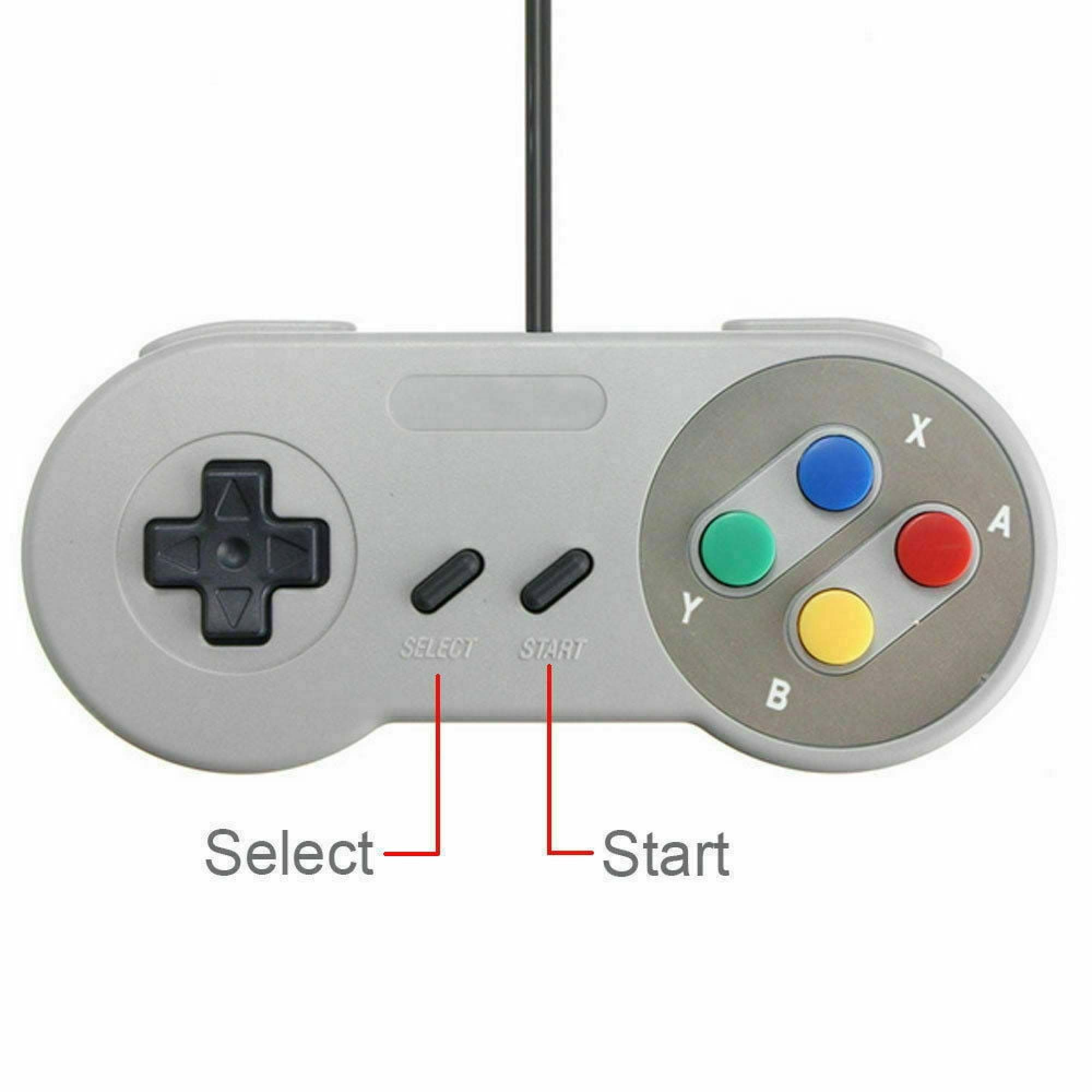Ein grauer Gamecontroller mit D-Pad, Select/Start-Knöpfen und bunten Aktionstasten.