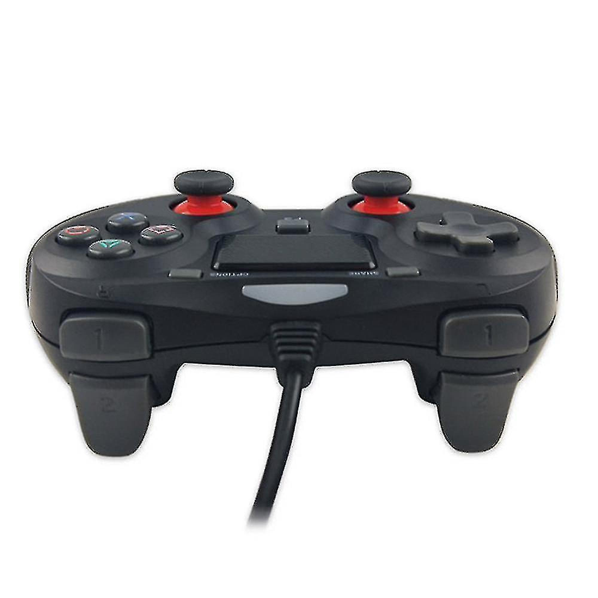 Ein schwarzer Gamecontroller mit roten Akzenten auf den Joysticks. Ein schwarzes Kabel.