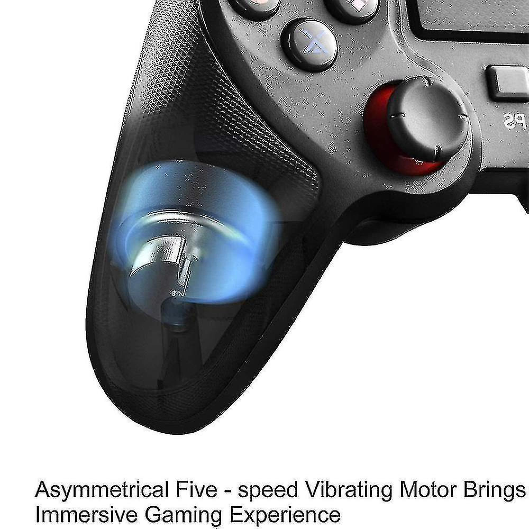 Schwarzer Controller mit blau leuchtendem Vibrationsmotor und roten Akzenten.