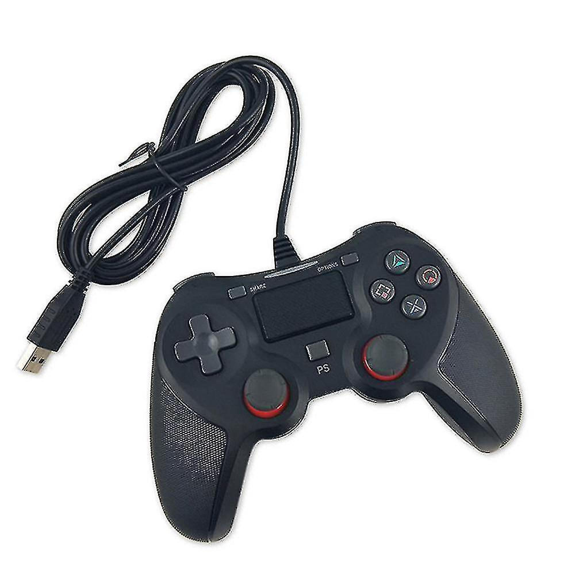 Schwarzer Gaming-Controller mit USB-Kabel, D-Pad, Knöpfen und Joysticks.