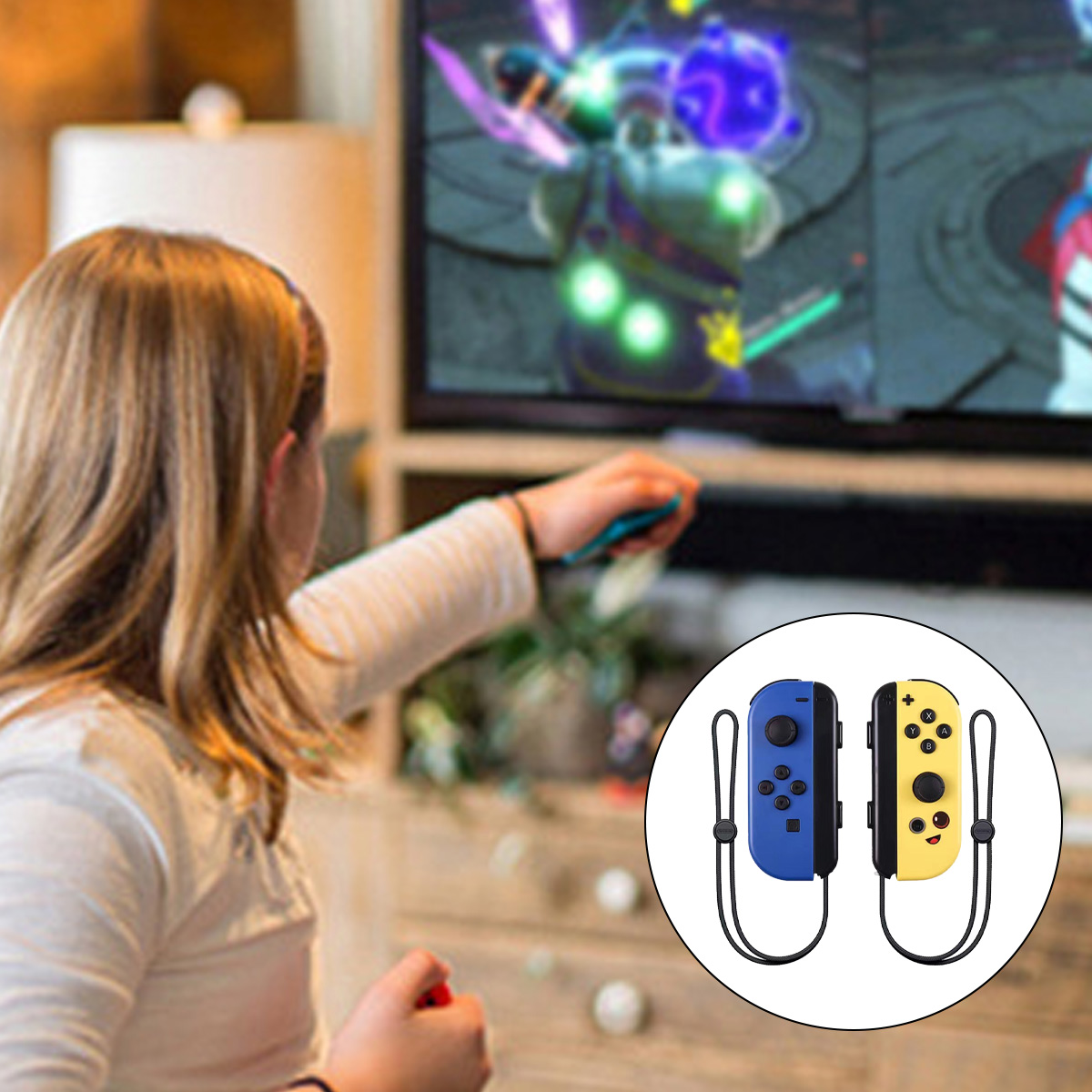 Ein Mädchen spielt ein Videospiel mit Joy-Con-Controllern in einem Wohnzimmer.