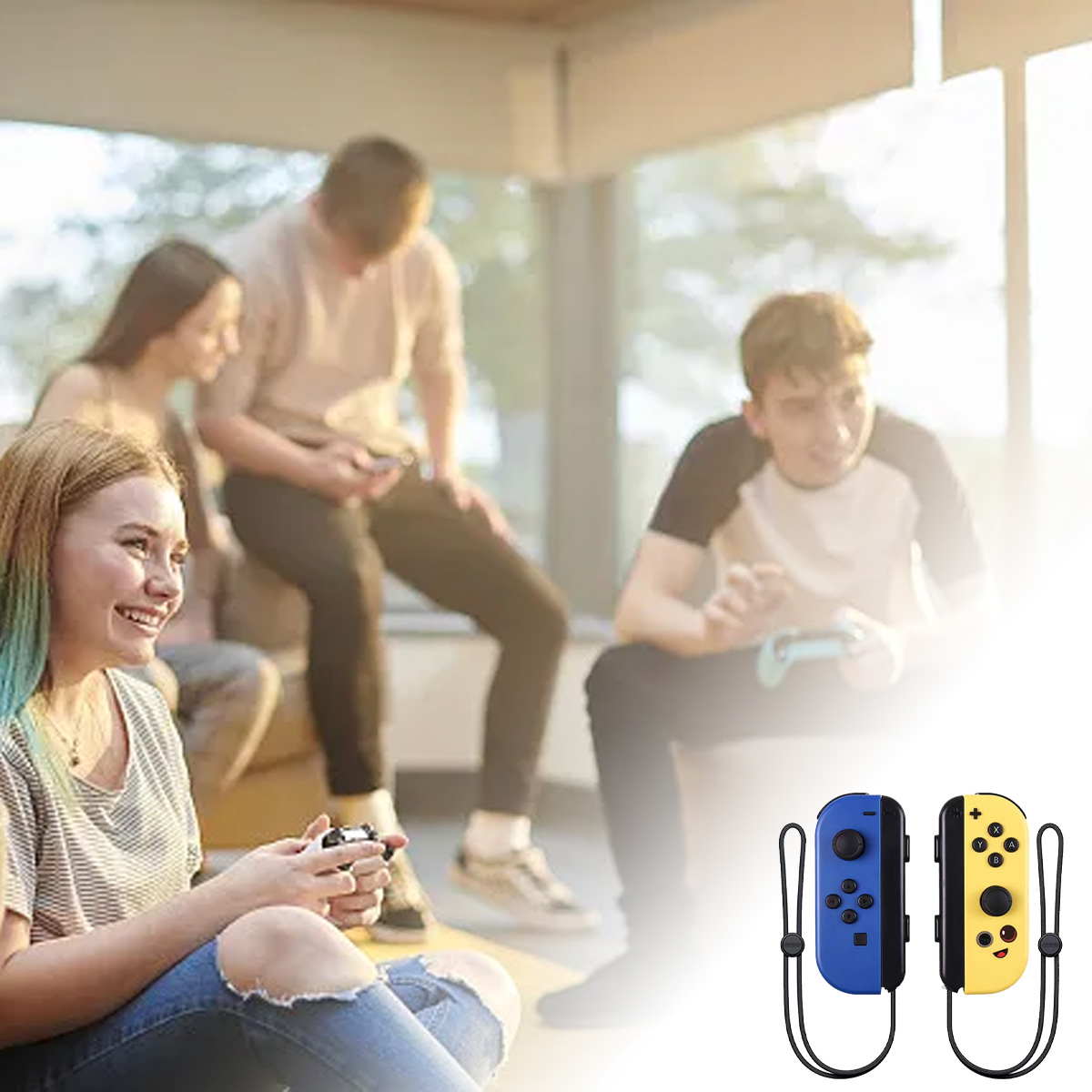 Freunde spielen Videospiele im Freien mit blauen und gelben Joy-Cons