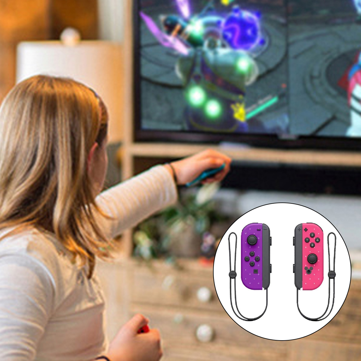 Ein Mädchen spielt Videospiele auf einem Fernseher mit lila und rosa Joy-Cons.