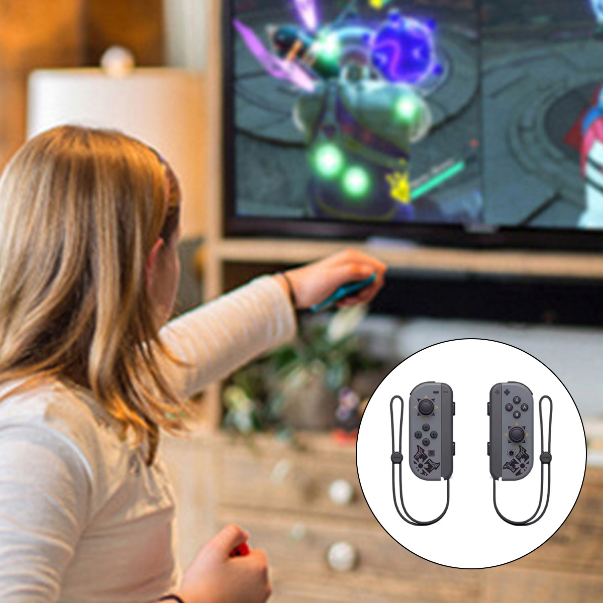 Mädchen spielt Videospiel mit Controllern vor dem Fernseher.