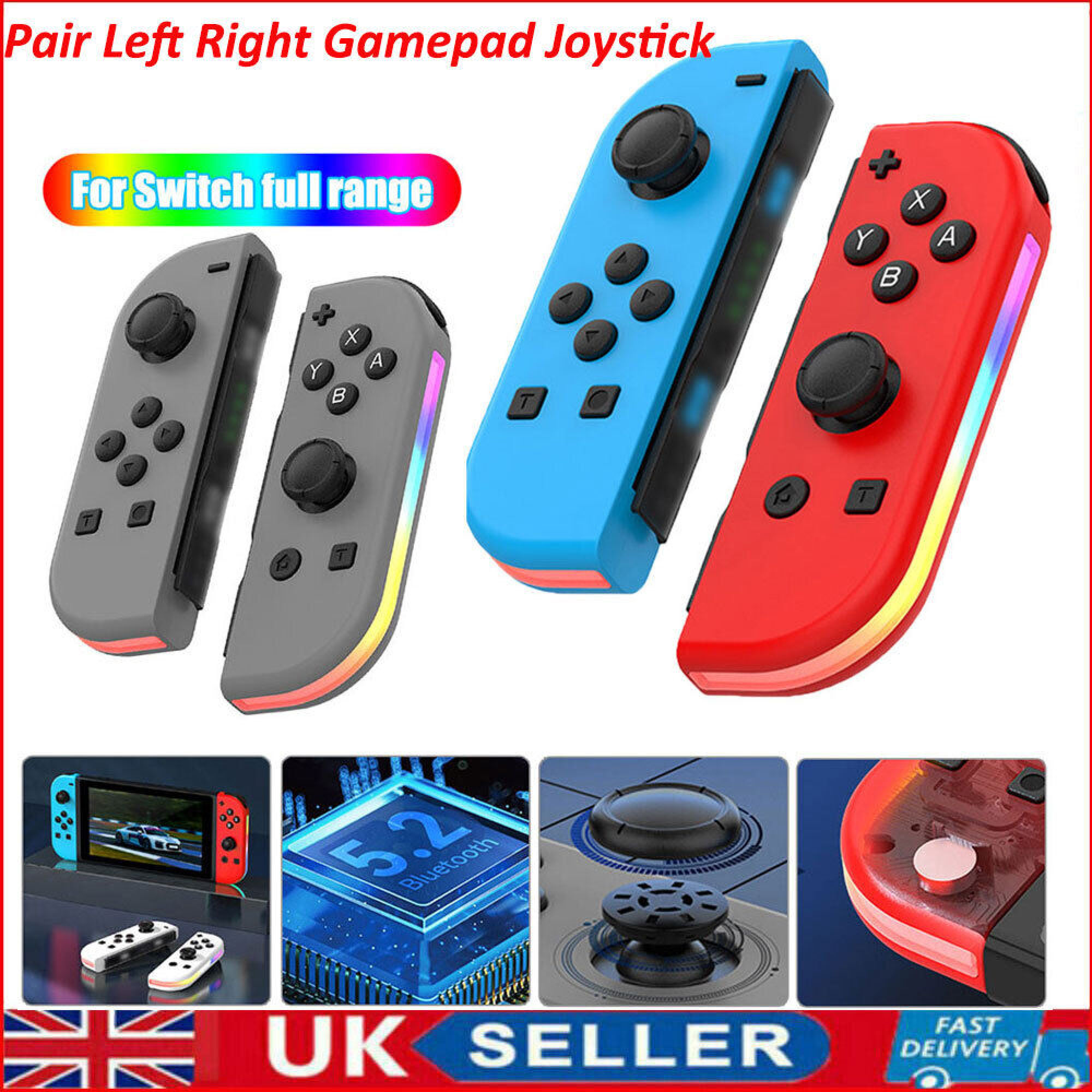 Graue, blaue und rote Gamepad-Joysticks mit Lichtern. Unten: Switch, Bluetooth-Chip, Joysticks.