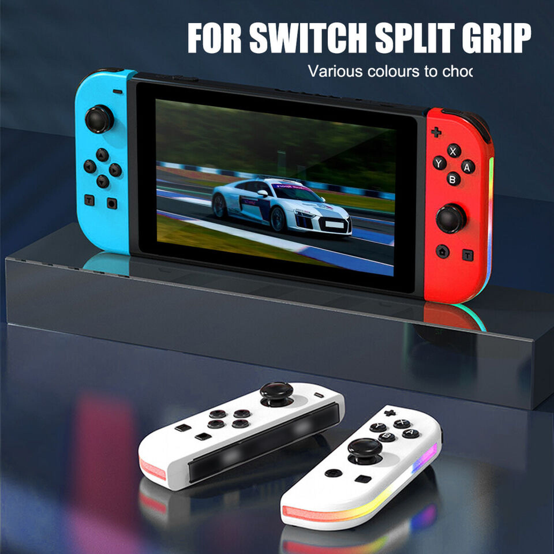 Ein blauer und ein roter Nintendo Switch Controller, mit einem Rennwagen auf dem Bildschirm.
