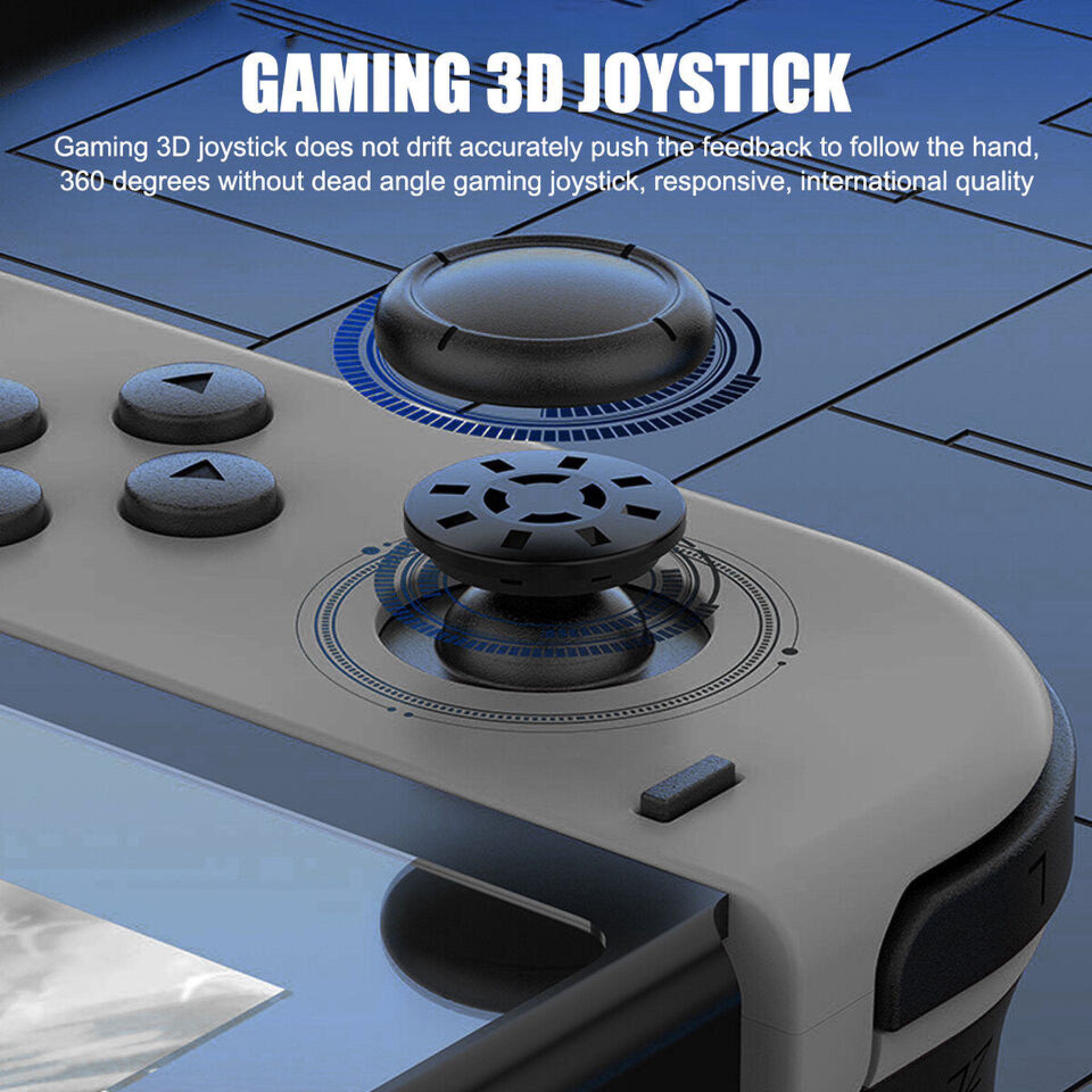 Grauer Gaming-Joystick mit schwarzen Tasten und blauem Ringdetail.