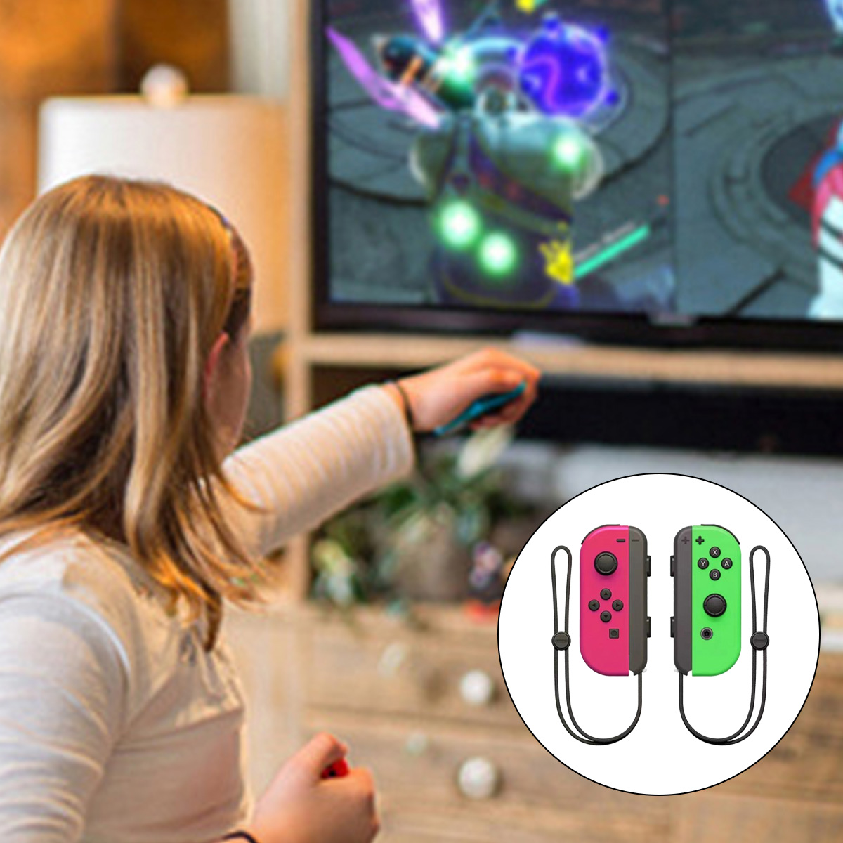 Ein Mädchen spielt Videospiele mit Joy-Con-Controllern vor einem Fernseher.