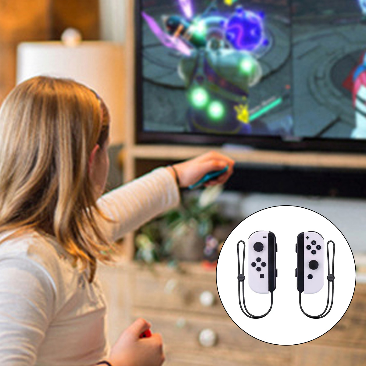 Ein Mädchen spielt Videospiele mit Joy-Con-Controllern vor einem Fernseher.