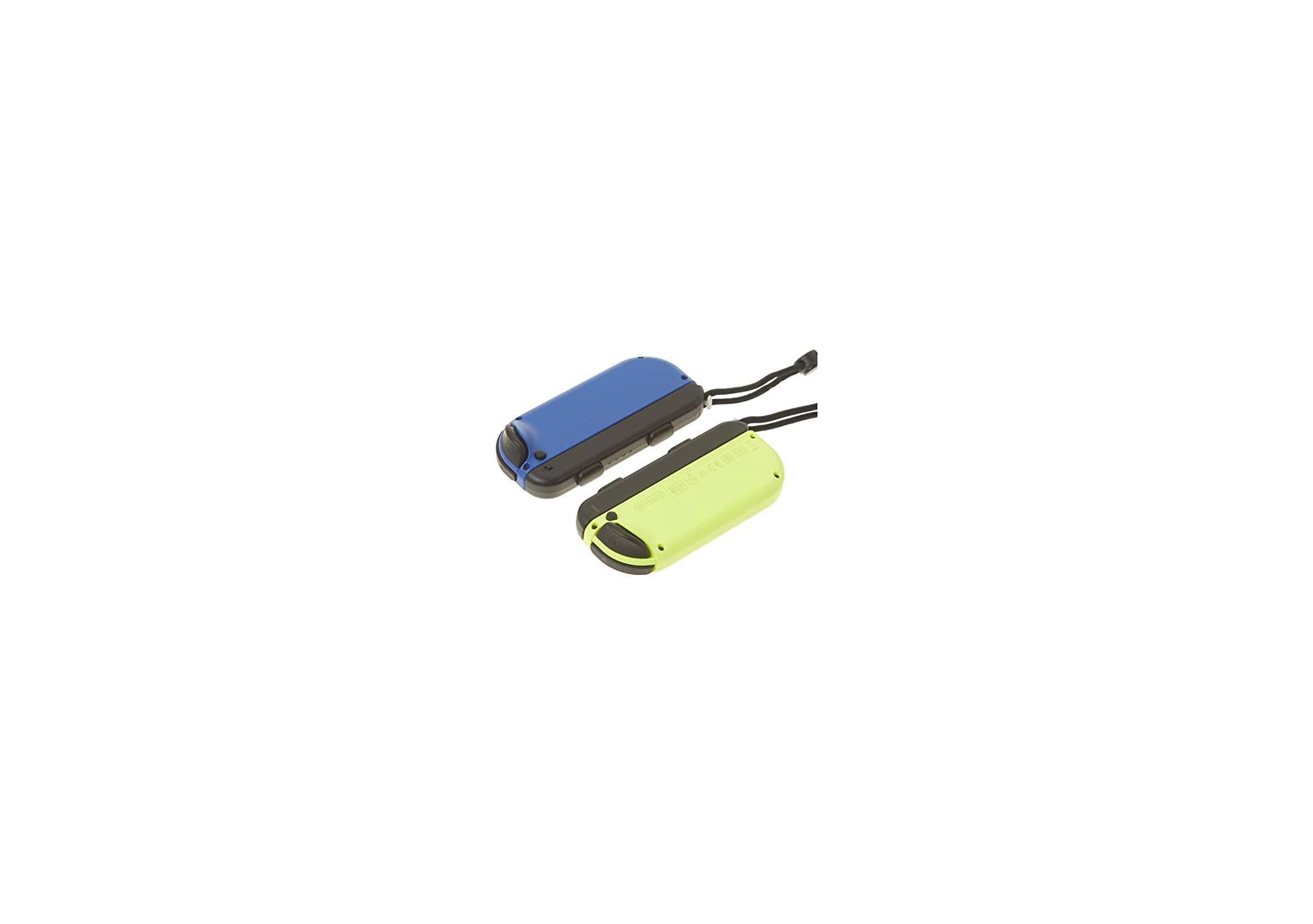 Zwei Controller, blau und neongrün, mit Riemen, auf weißem Hintergrund.
