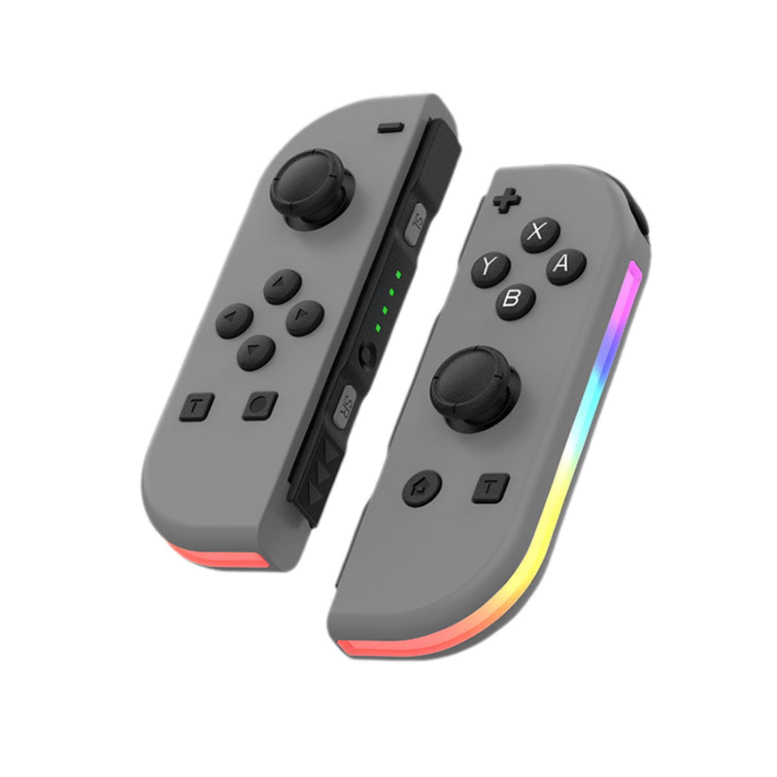 Zwei graue Controller mit RGB-Beleuchtung und schwarzen Knöpfen auf schwarzem Hintergrund.