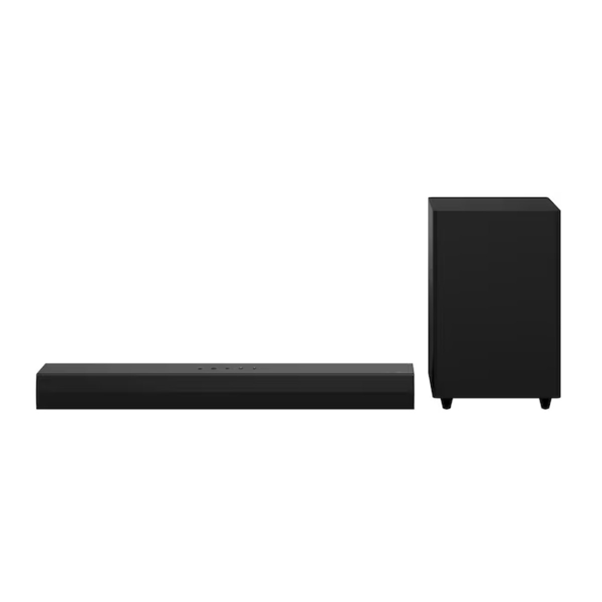 Siyah ses çubuğu ve subwoofer beyaz arka planda.