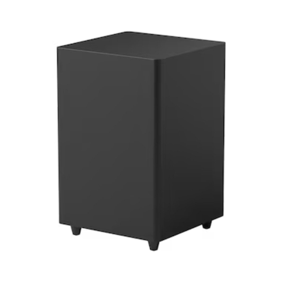 Dört küçük ayaklı siyah, dikdörtgen subwoofer beyaz zeminde duruyor.