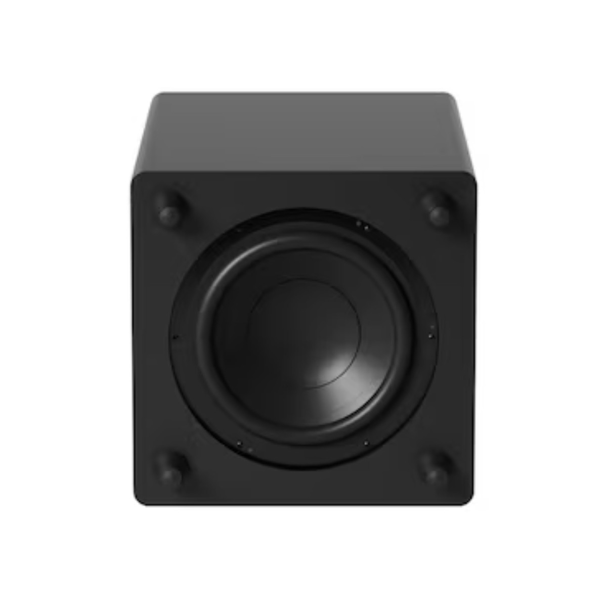 Yuvarlak sürücülü ve dört ayaklı siyah subwoofer.