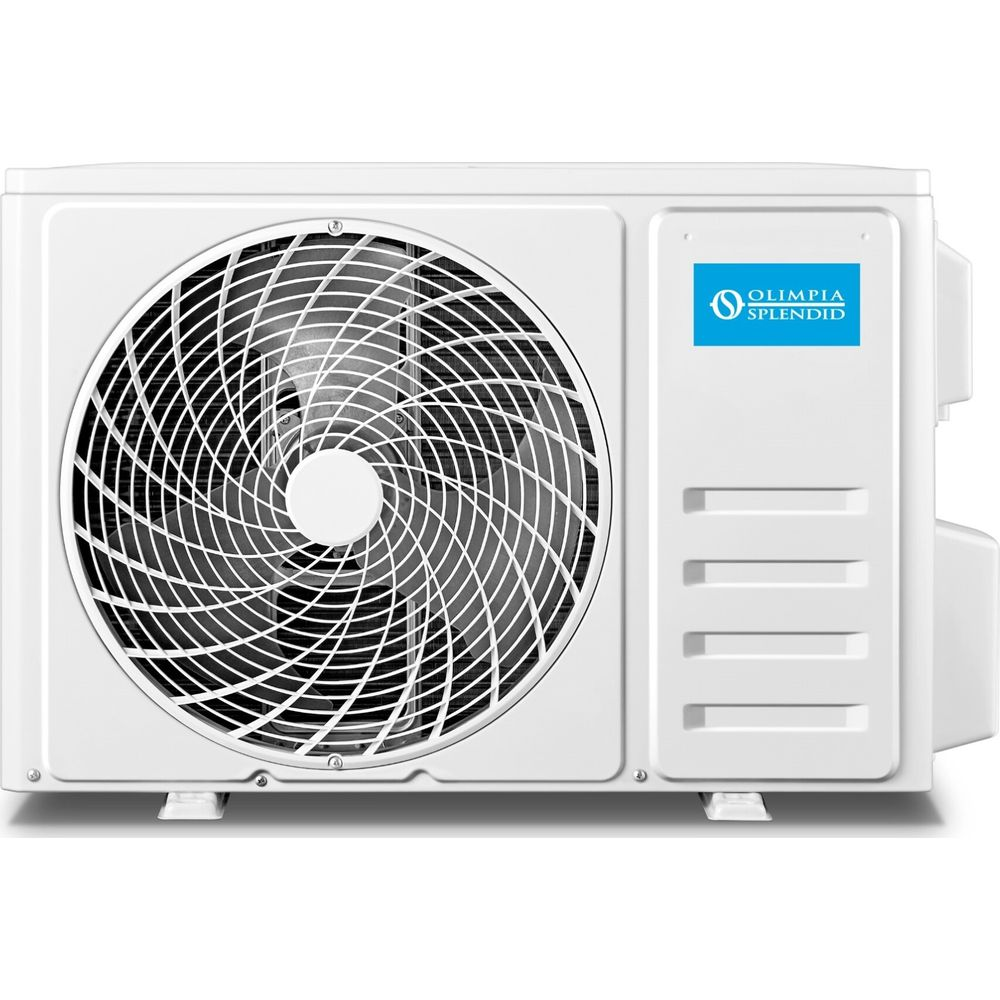 Weiße Außeneinheit einer Klimaanlage mit großem Lüfter und blauem Logo.