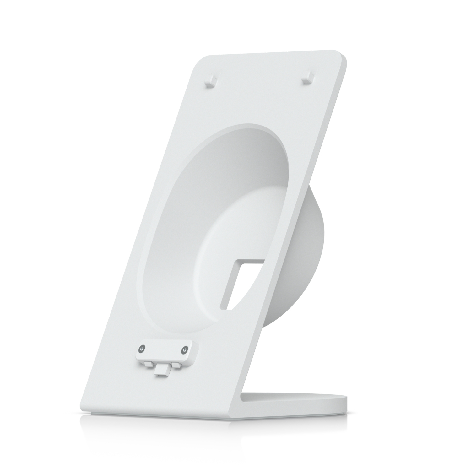 Supporto di ricarica bianco con fessura curva per dispositivo e clip di montaggio.