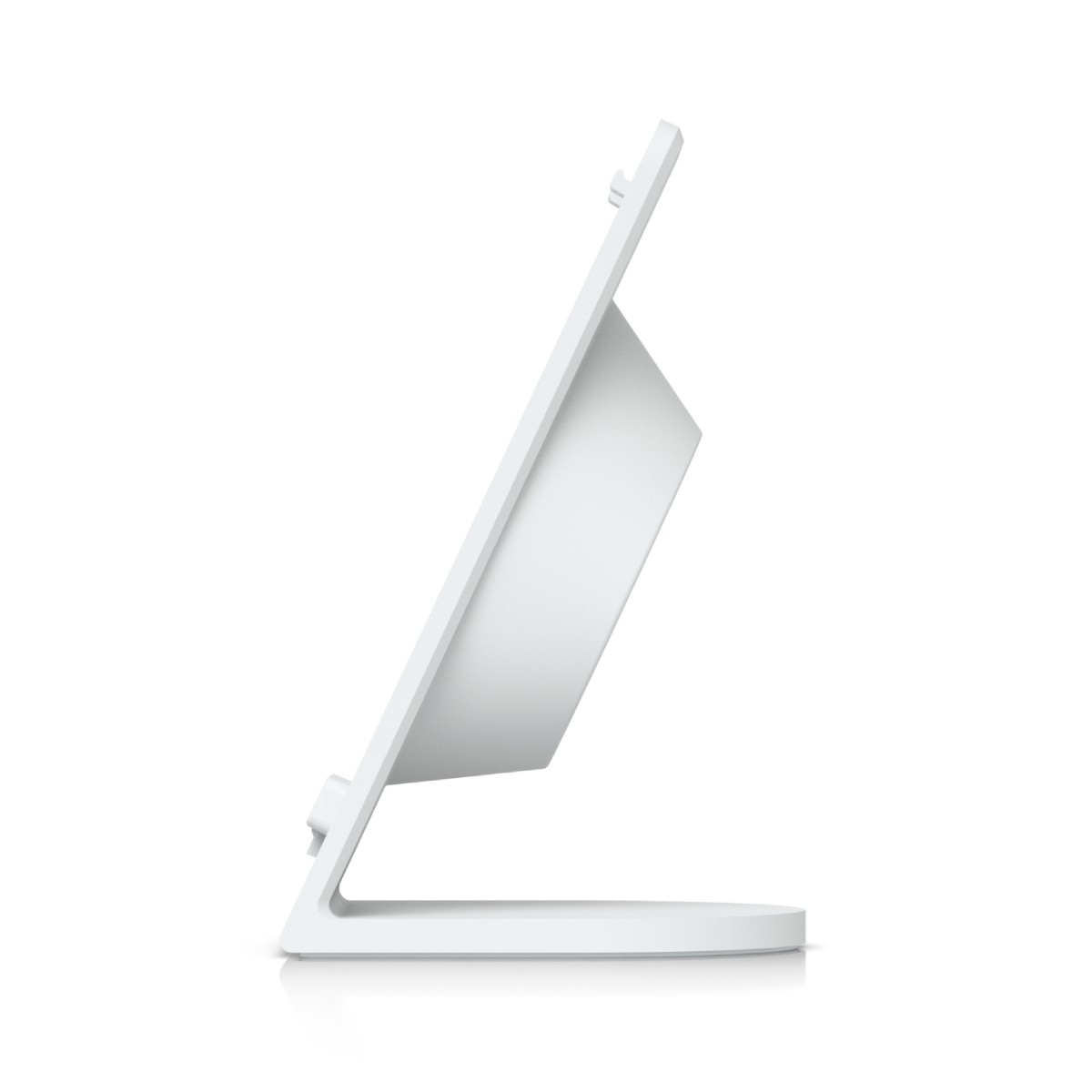 Un supporto bianco per dispositivi, visto di lato.