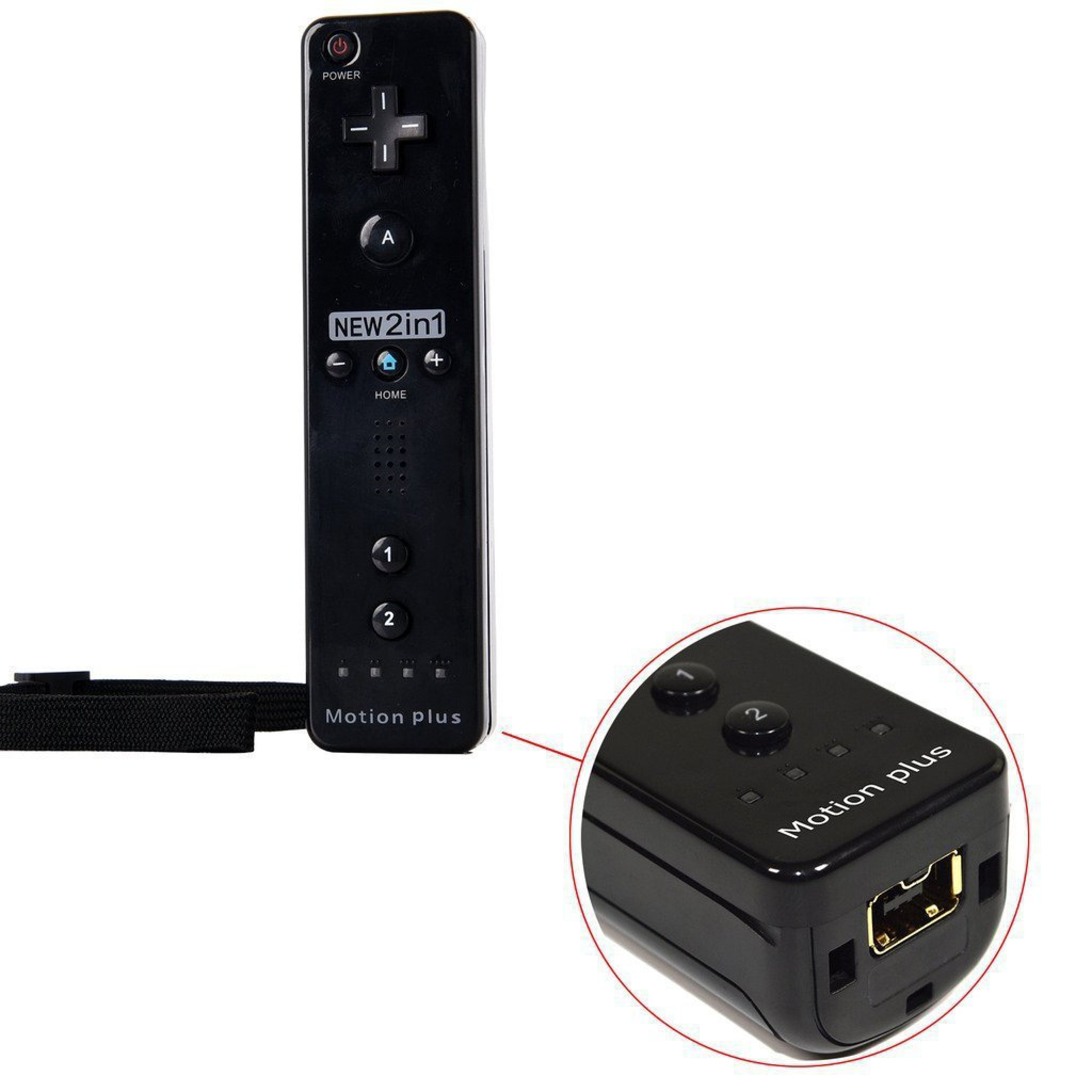 Schwarzer Nintendo Wii Nunchuk Controller mit Handgelenkband und Zoomdetail.
