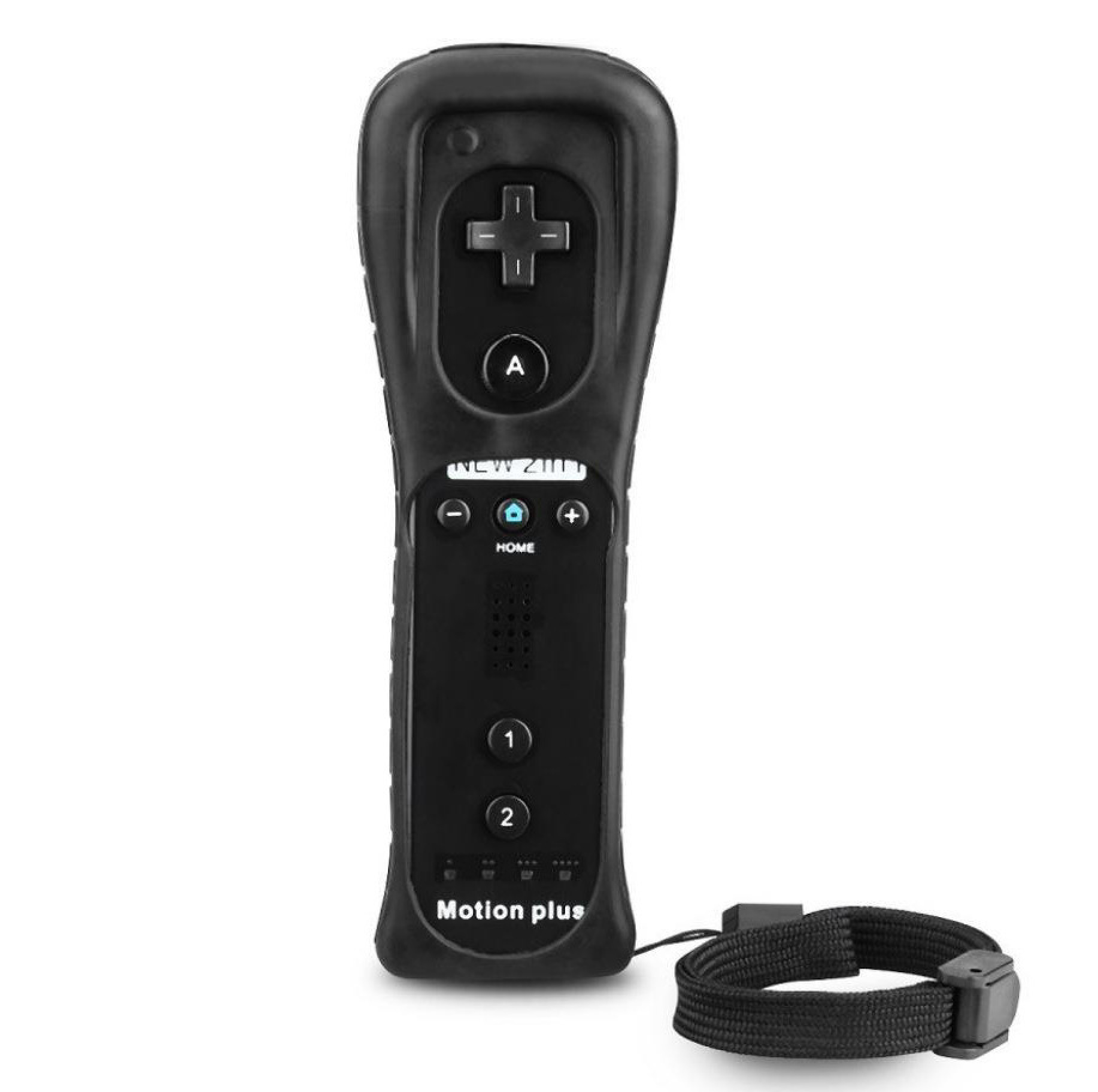 Eine schwarze Nintendo Wii Fernbedienung mit Handschlaufe. Mit D-Pad, A, B, Home, 1, 2 Tasten.