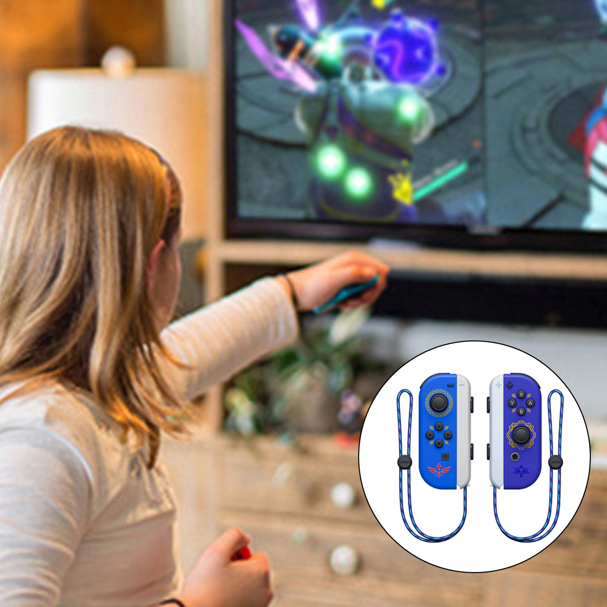 Ein Kind spielt ein Videospiel auf einem Fernseher und hält blaue Controller.