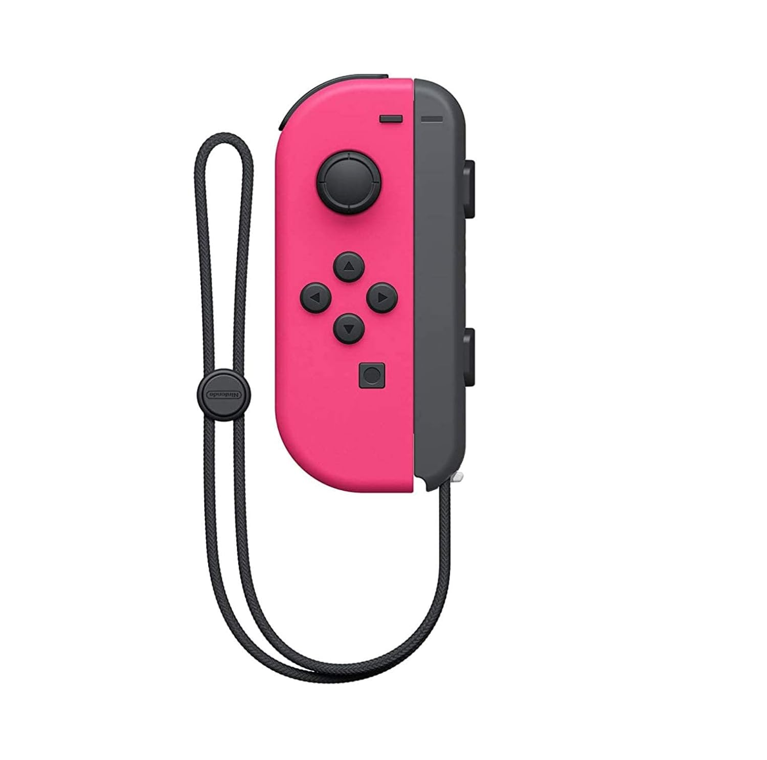 Ein pinker Nintendo Switch Joy-Con mit schwarzem Riemen und Bedienelementen.