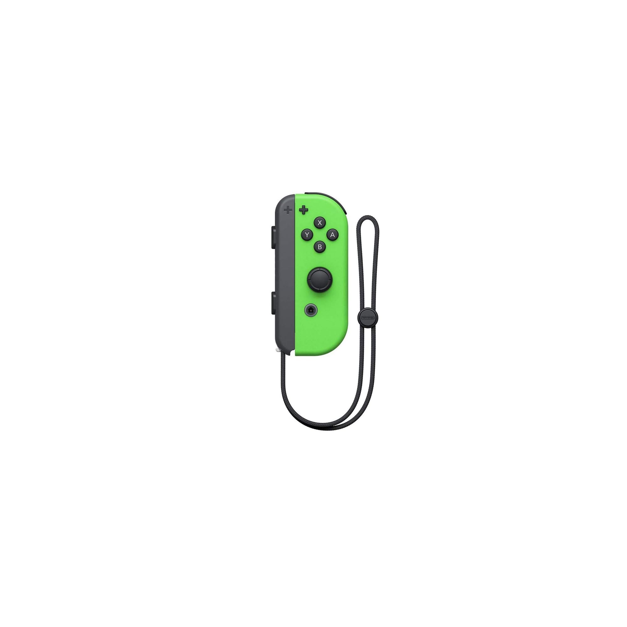 Ein leuchtend grüner Nintendo Switch Joy-Con Controller mit schwarzem Riemen.