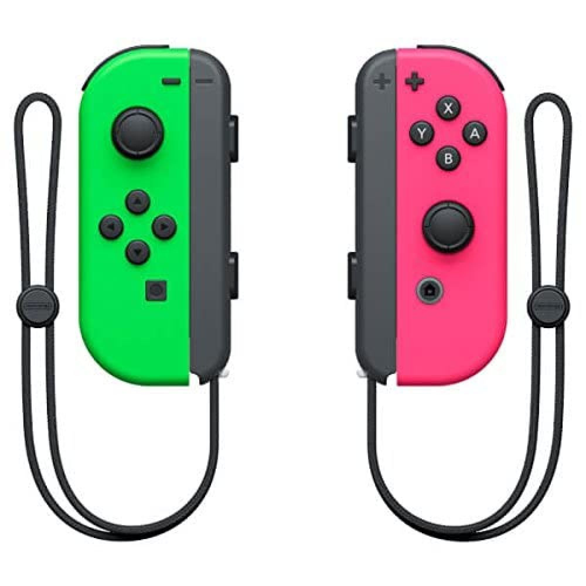 Ein grüner und ein pinker Nintendo Switch Joy-Con Controller mit Lanyards.