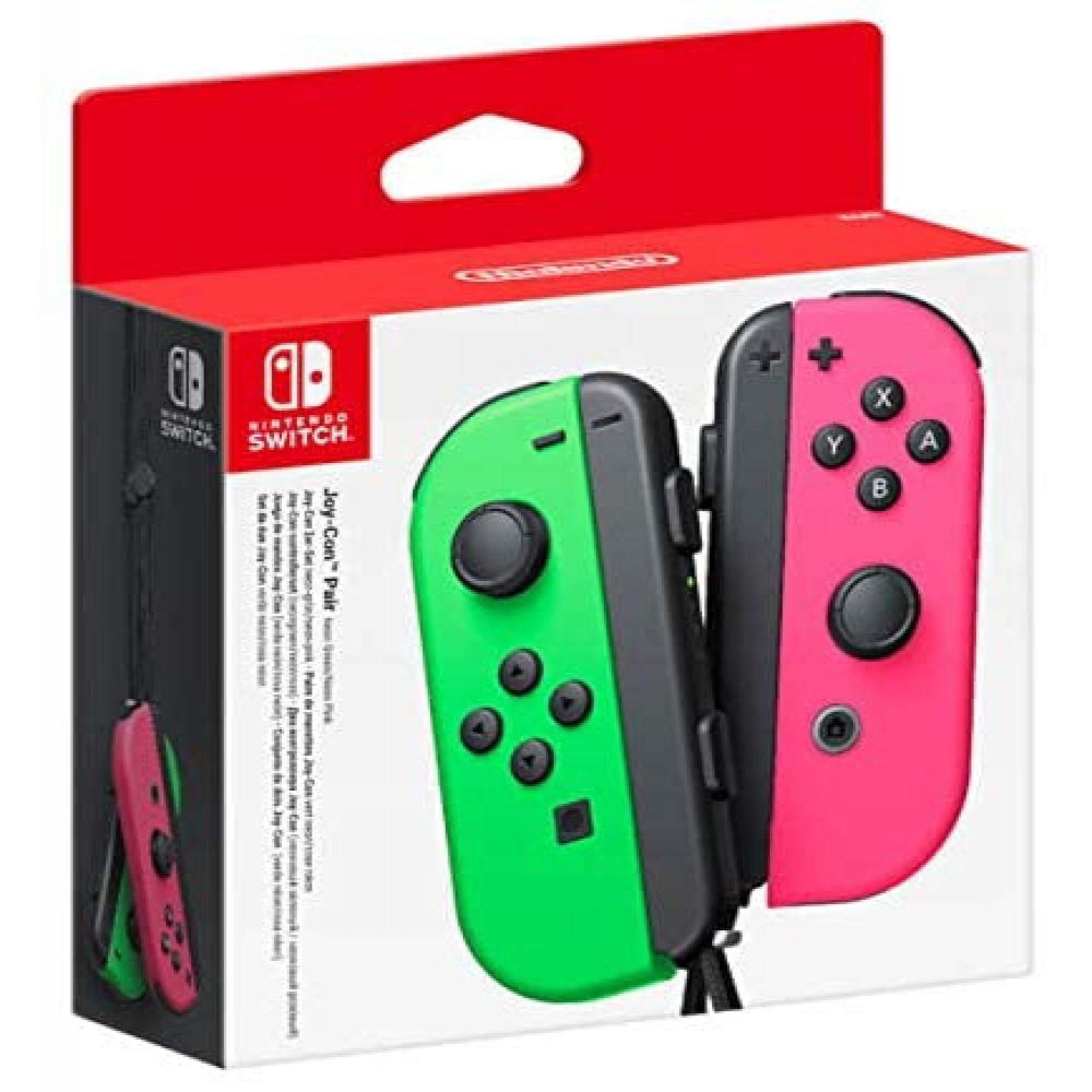 Nintendo Switch Joy-Con-Paar in Pink und Grün auf weißem Karton.