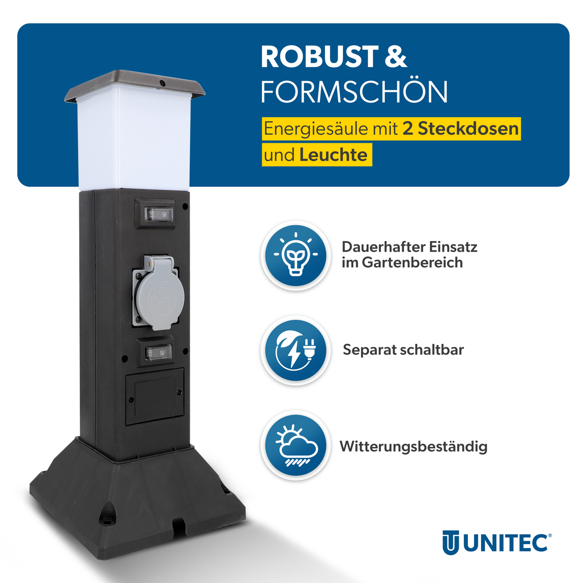 Schwarze Energiesäule mit Lampe, 2 Steckdosen, Schaltern und wetterfestem Design.