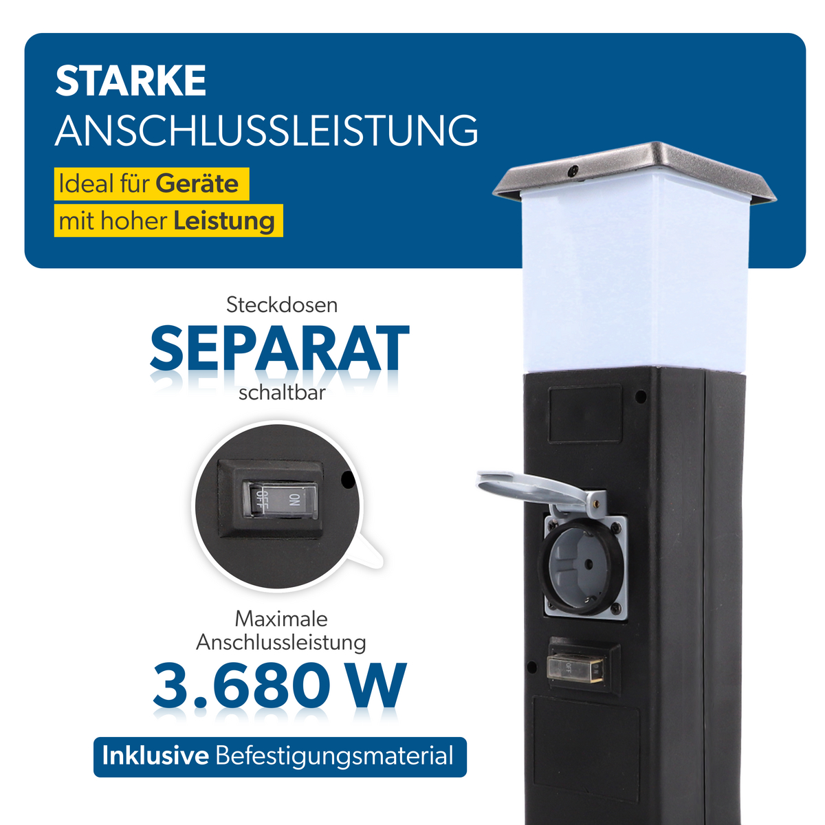 Schwarze Steckdosenleiste mit Lampe, Leistung 3.680W, separat schaltbar.