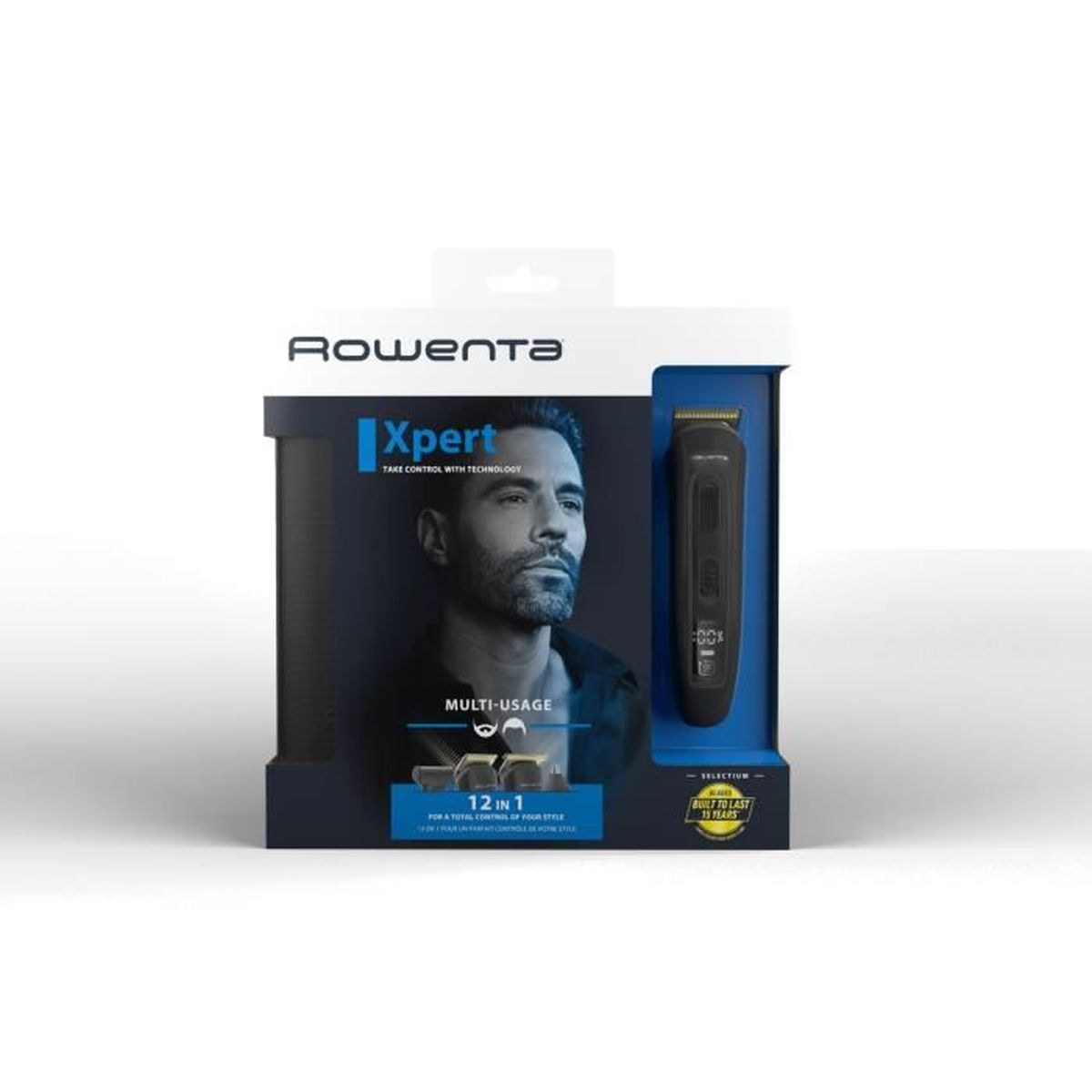 Rowenta Xpert Haarschneider-Verpackung mit Männergesicht und Trimmer.